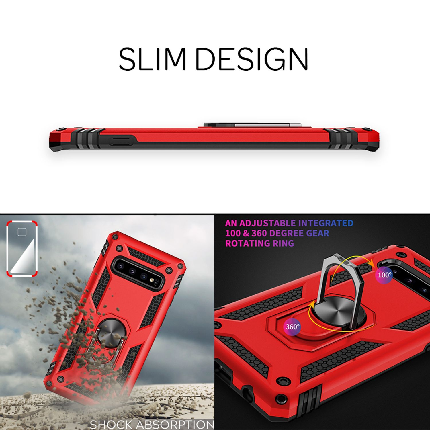 Coque de téléphone rouge avec anneau rotatif, absorption des chocs et design fin.