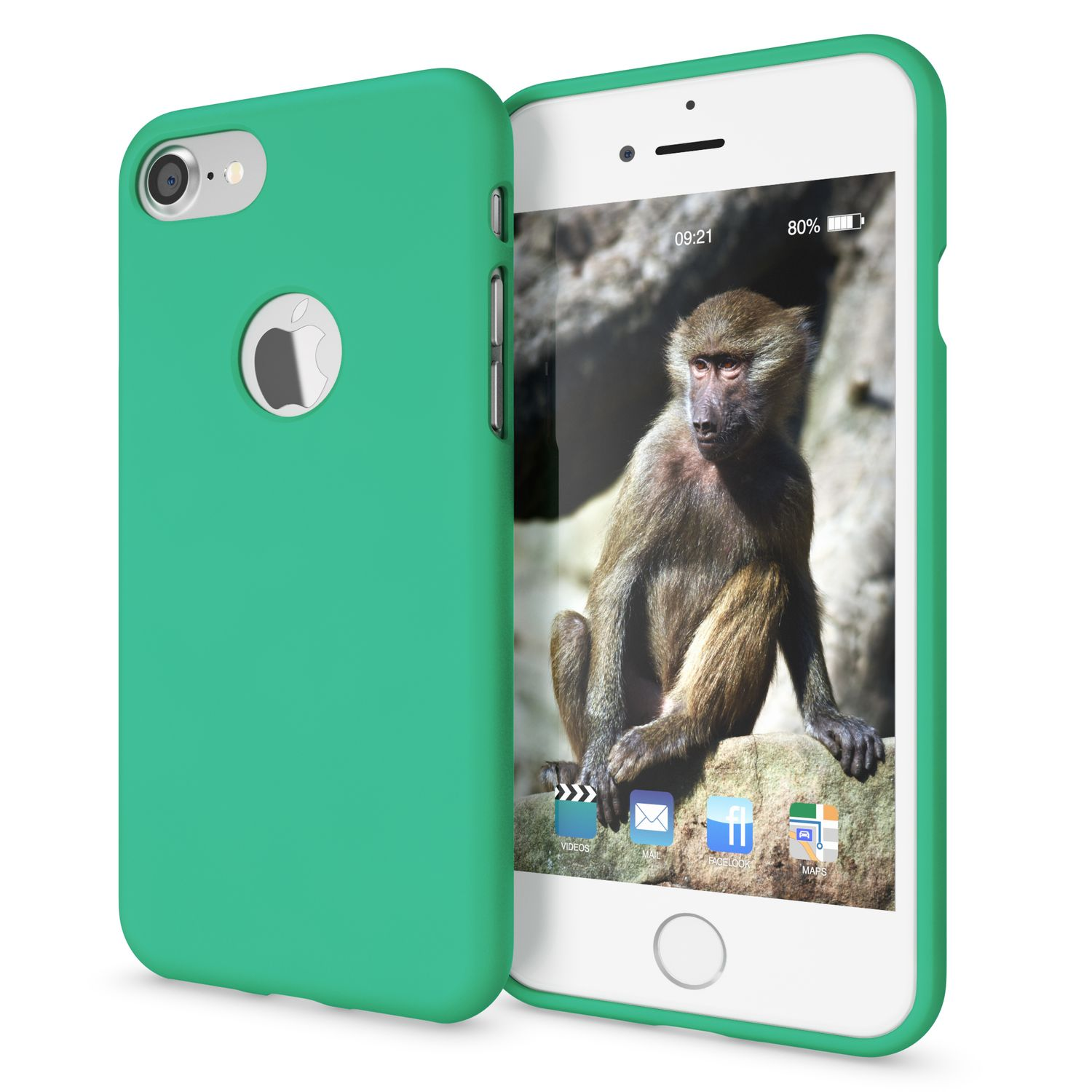 Grüne Handyhülle auf einem weißen iPhone. Ein Pavian ist auf dem Bildschirm.
