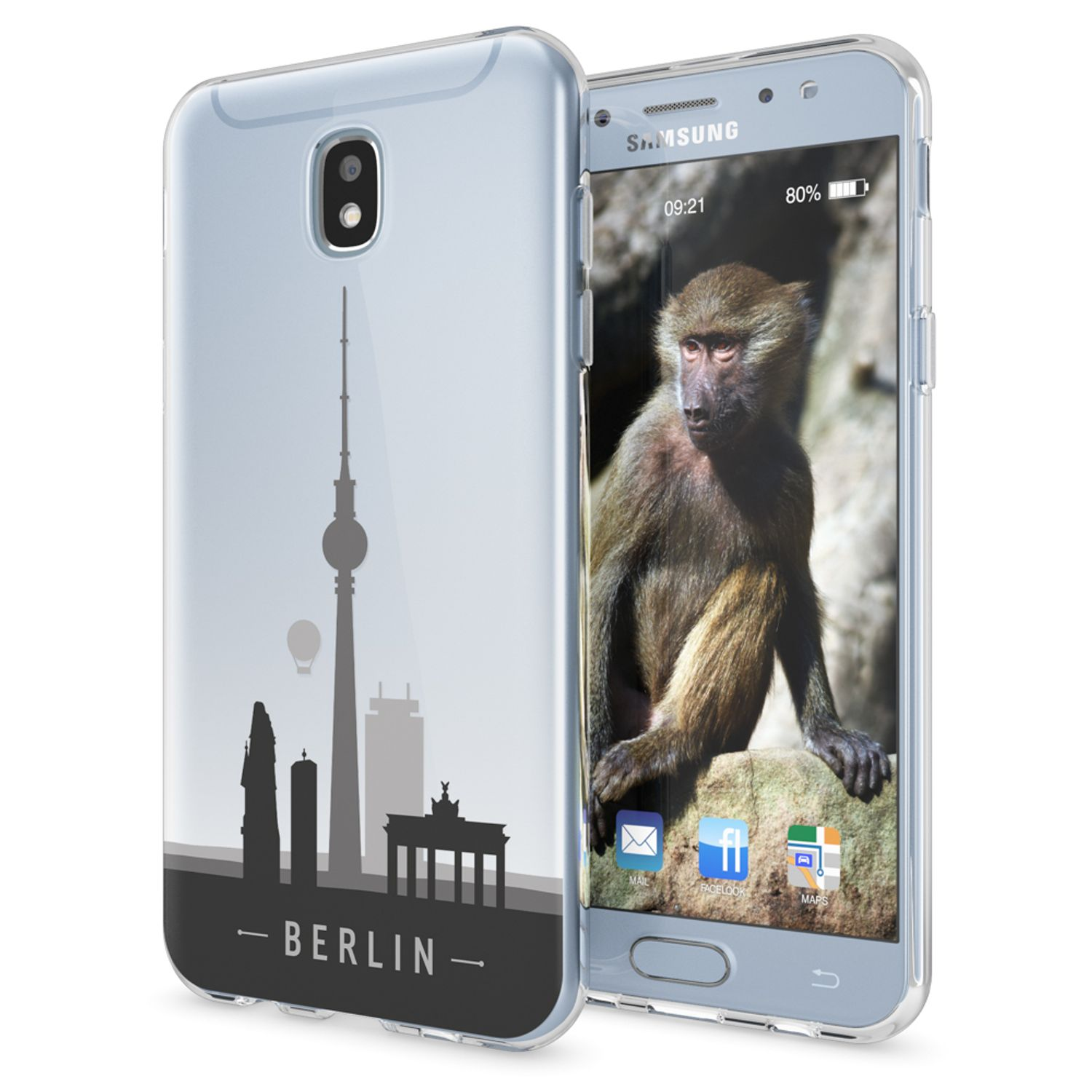 Transparente Handyhülle mit Berlin-Skyline-Design, neben einem Telefon. Weißer Hintergrund.