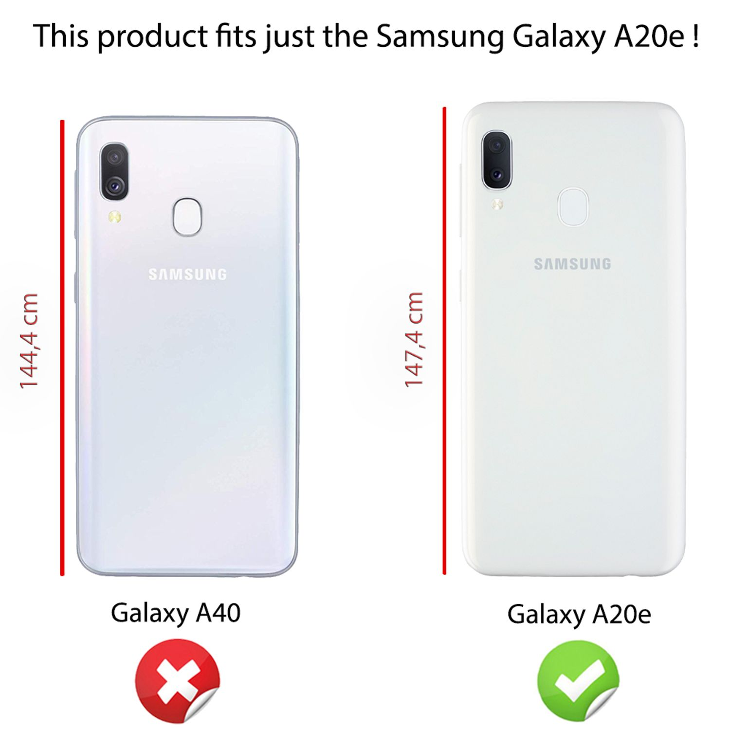 Zwei weiße Telefone. Das Galaxy A40 hat ein rotes X, das A20e einen grünen Haken. Maße gezeigt.