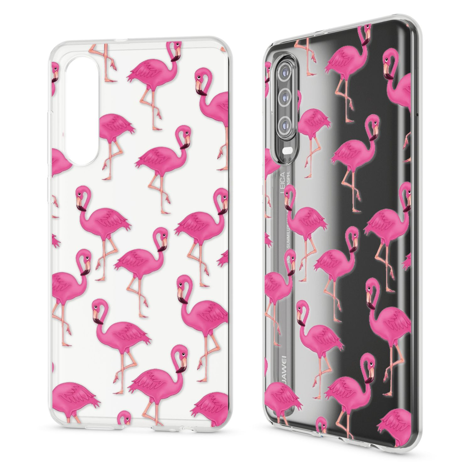 Coques de téléphone à motif de flamants roses. Fond blanc, un téléphone dans l'étui. Fond noir et blanc.