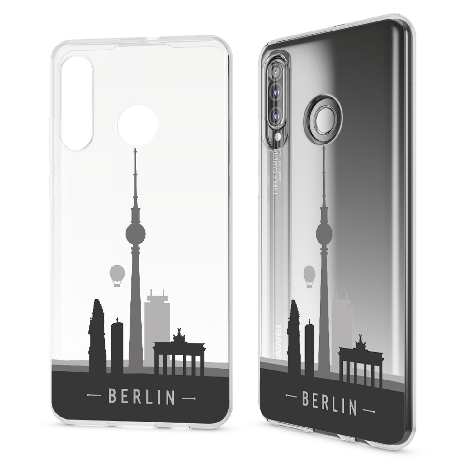 Zwei Handyhüllen mit dem Design der Berliner Skyline. Der Hintergrund ist weiß.