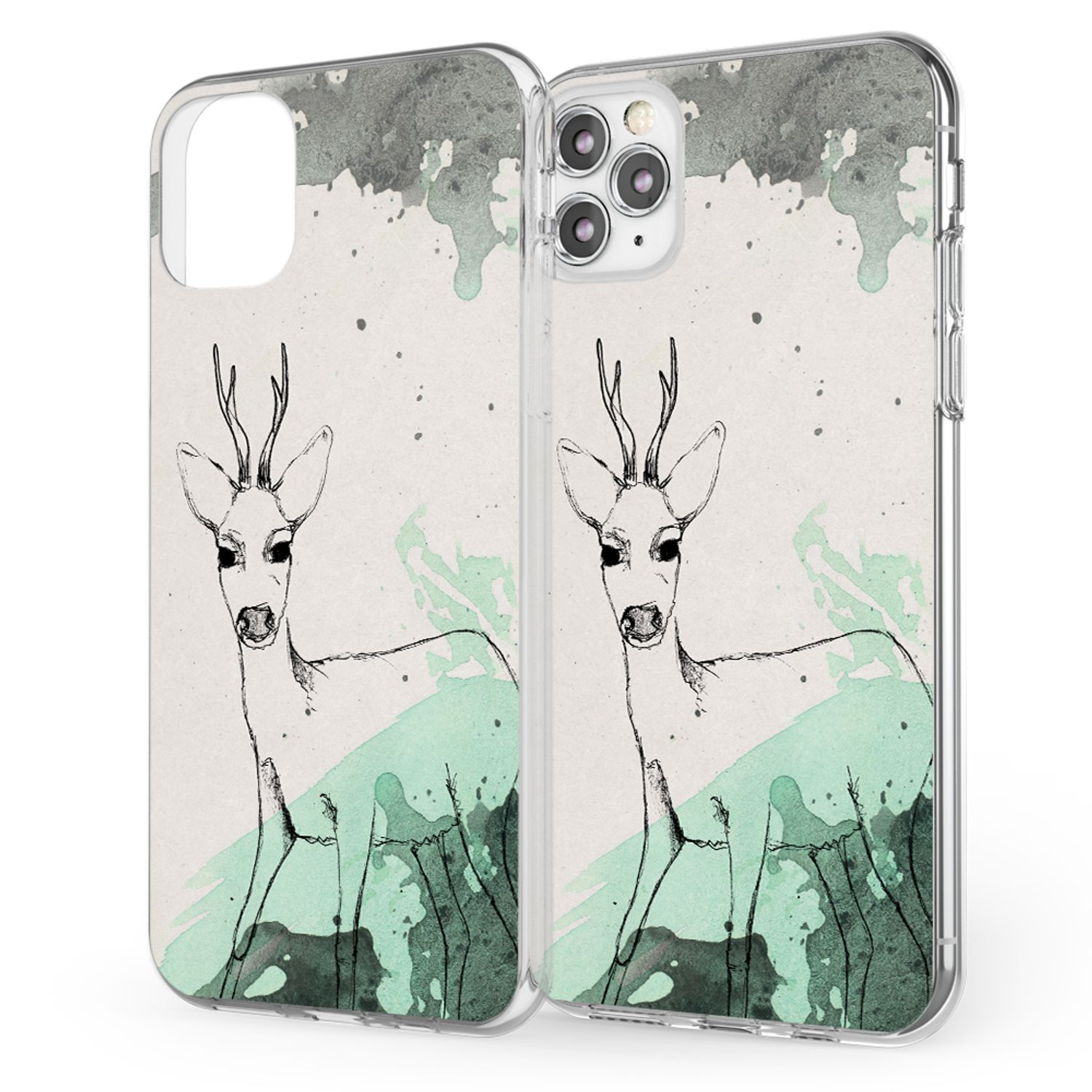 Zwei iPhone-Hüllen mit einem Hirsch-Design. Der Hintergrund hat aquarellartige Spritzer in Grau und Mintgrün.