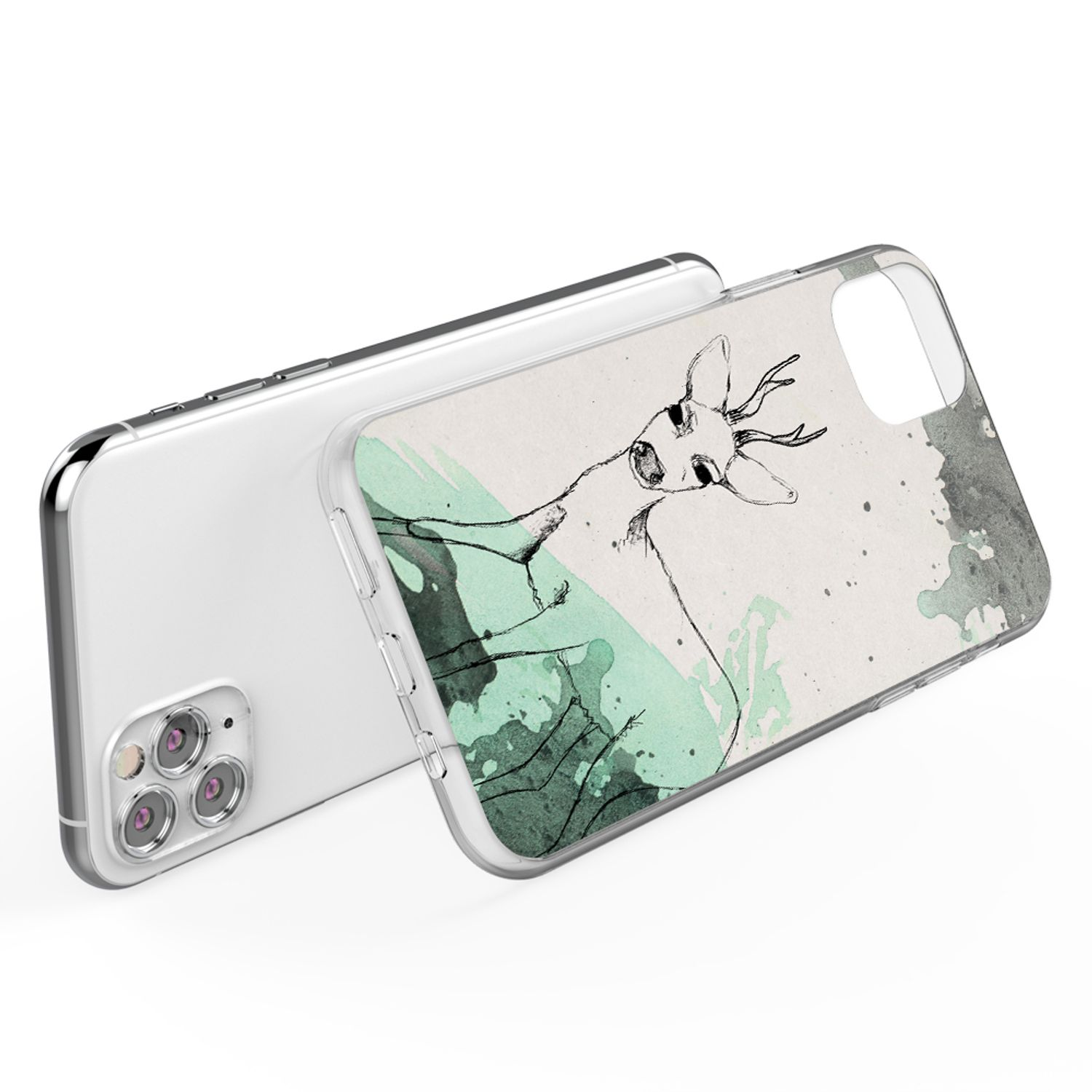 Eine Handyhülle mit einem Hirschdesign, auf einem Handy platziert, mit weißem Hintergrund.