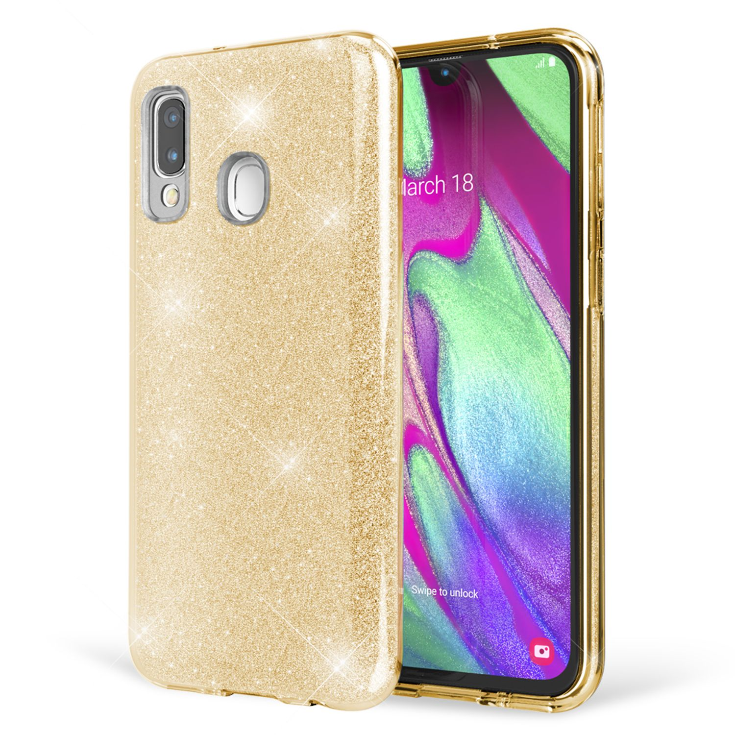 Goldene Glitzer-Handyhülle mit Telefon.