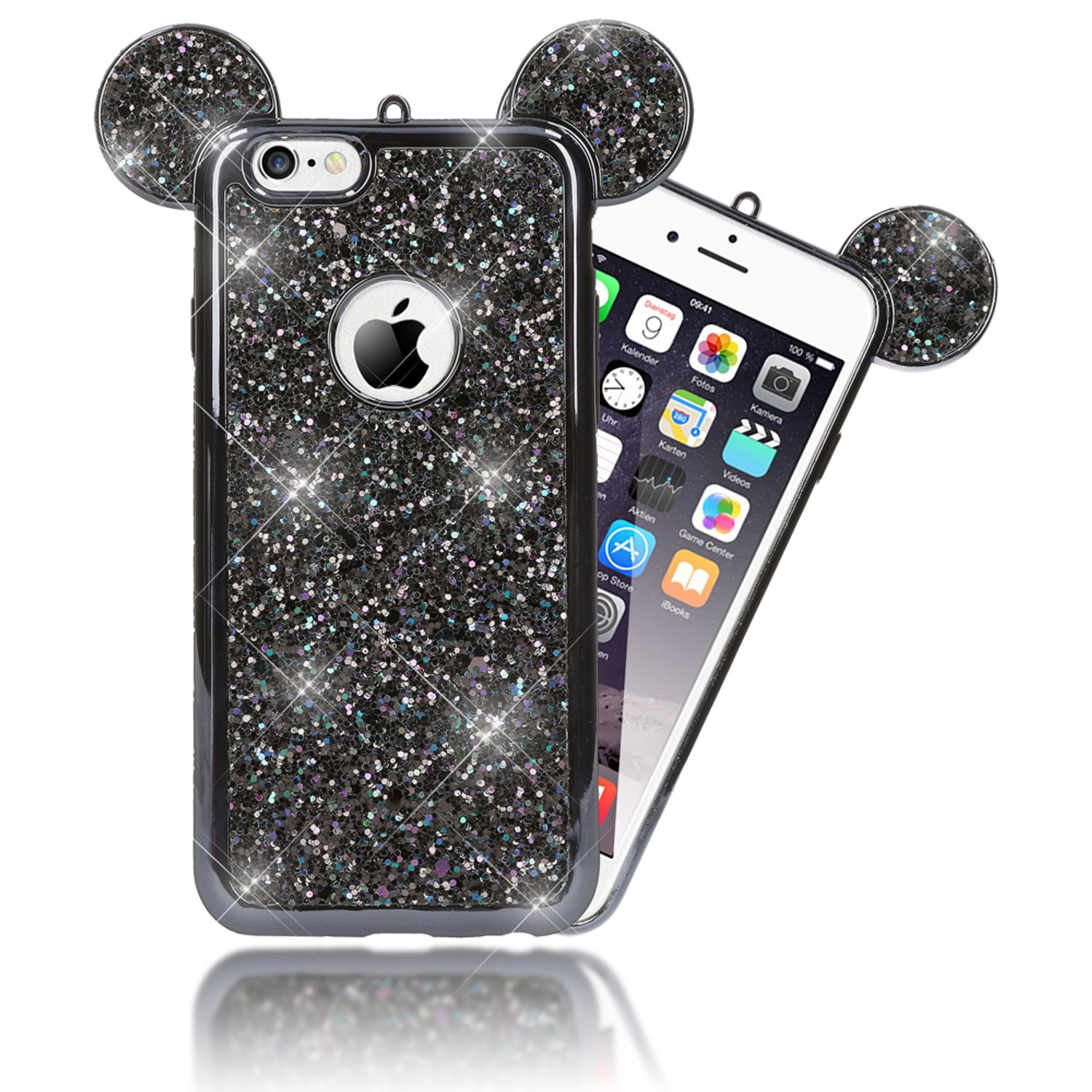 Custodia nera glitterata per telefono con un telefono. Decorazioni a forma di orecchio in alto.
