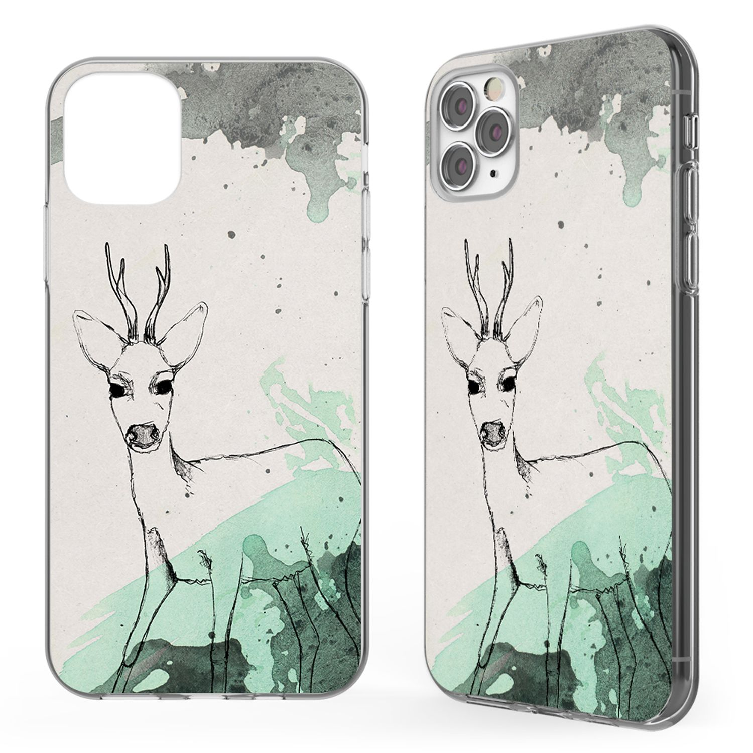 Handyhülle mit Hirsch-Design. Transparent. Hirsch-Illustration vor Aquarellhintergrund.