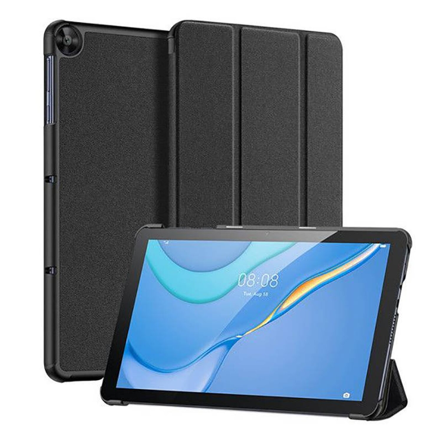 Schwarzes Tablet mit schwarzem Gehäuse, der Bildschirm zeigt eine Oberfläche.