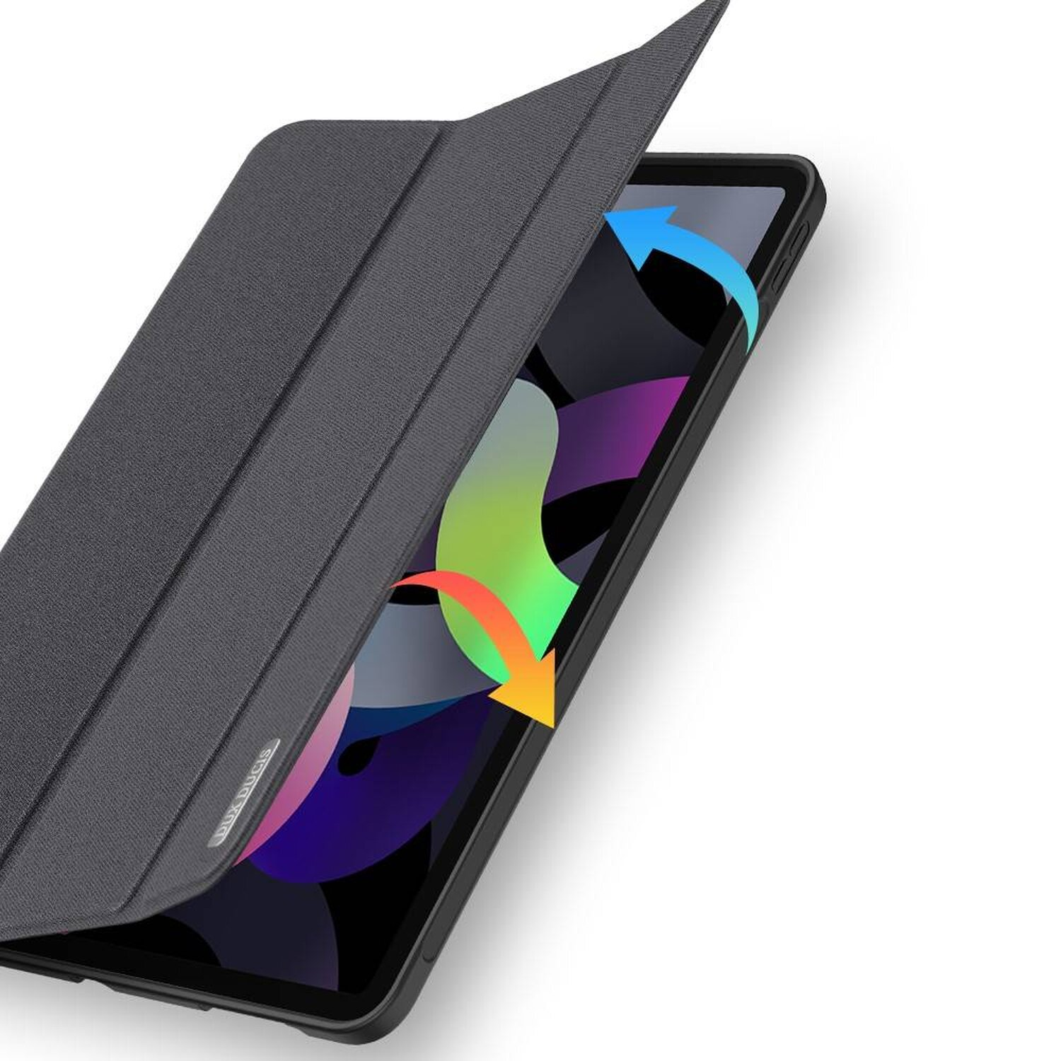Tablet-Hülle, grauer Deckel offen, zeigt Tablet-Bildschirm mit Pfeilen.