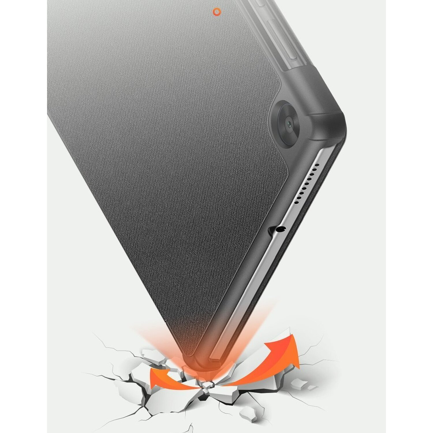 Tablet-Hülle, die auf den Boden trifft, orangefarbener Pfeil zeigt den Aufprall.