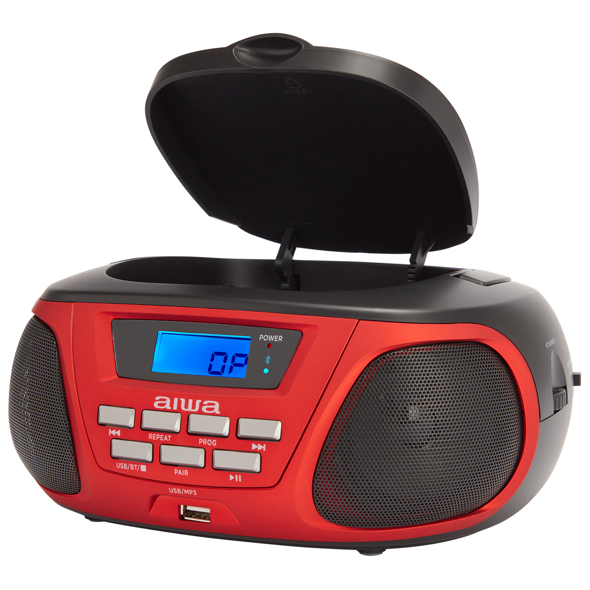 Rote und schwarze Boombox mit offenem Deckel. Bedienelemente und Display sichtbar.