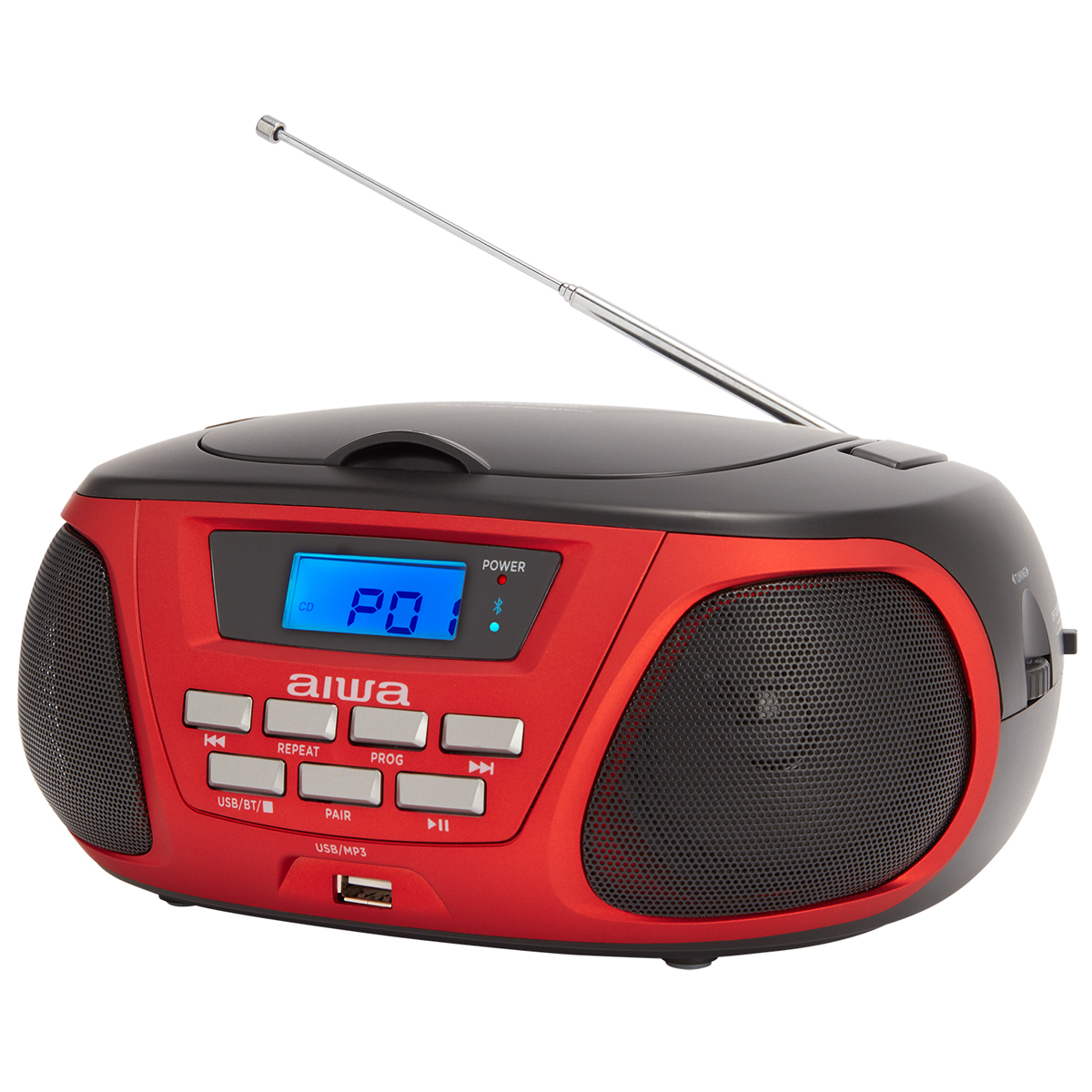 Rote und schwarze Boombox mit Antenne, Knöpfen und blauem Display. Isoliert.