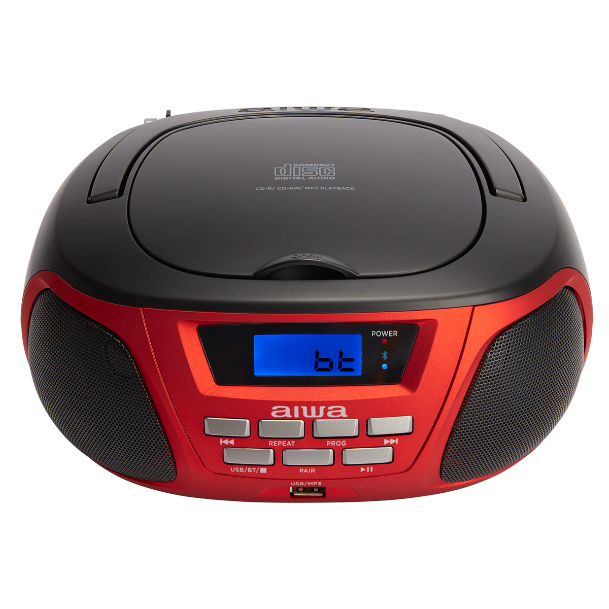 Roter und schwarzer Aiwa CD-Player. Zeigt blauen Bildschirm mit Zahlen. Tasten für Wiederholung, USB und Wiedergabe.