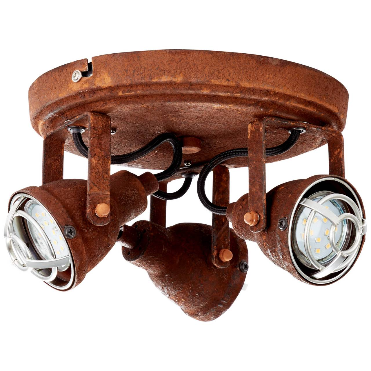 Eine rostige Deckenlampe mit drei Strahlern. Die Lampe hat einen Vintage-, Industrie-Look.