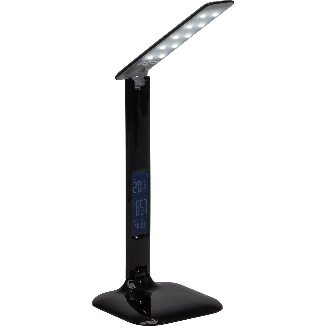Lampada da scrivania a LED nera con display digitale che mostra ora e temperatura.