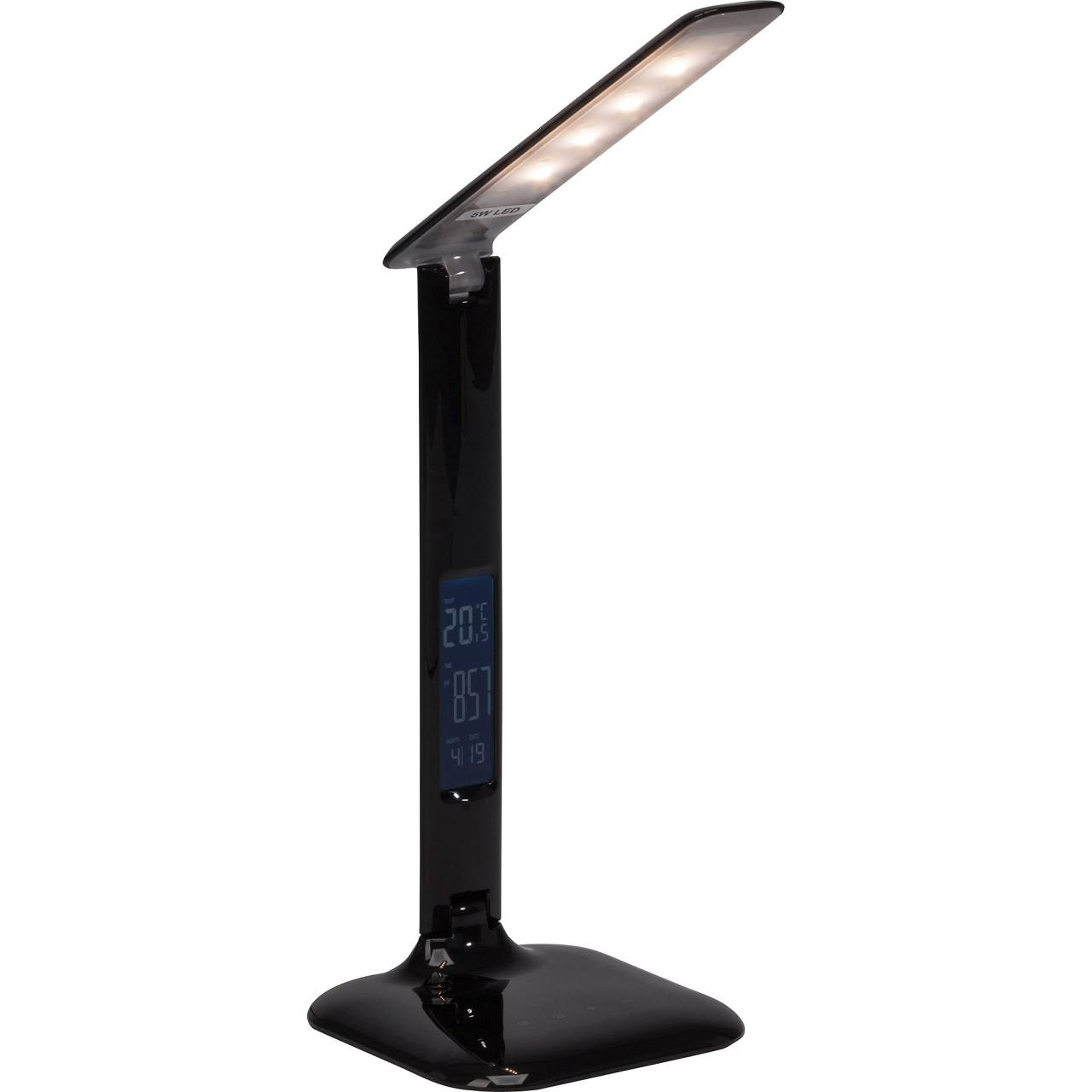 Lampada da scrivania nera con display digitale che mostra ora e temperatura.