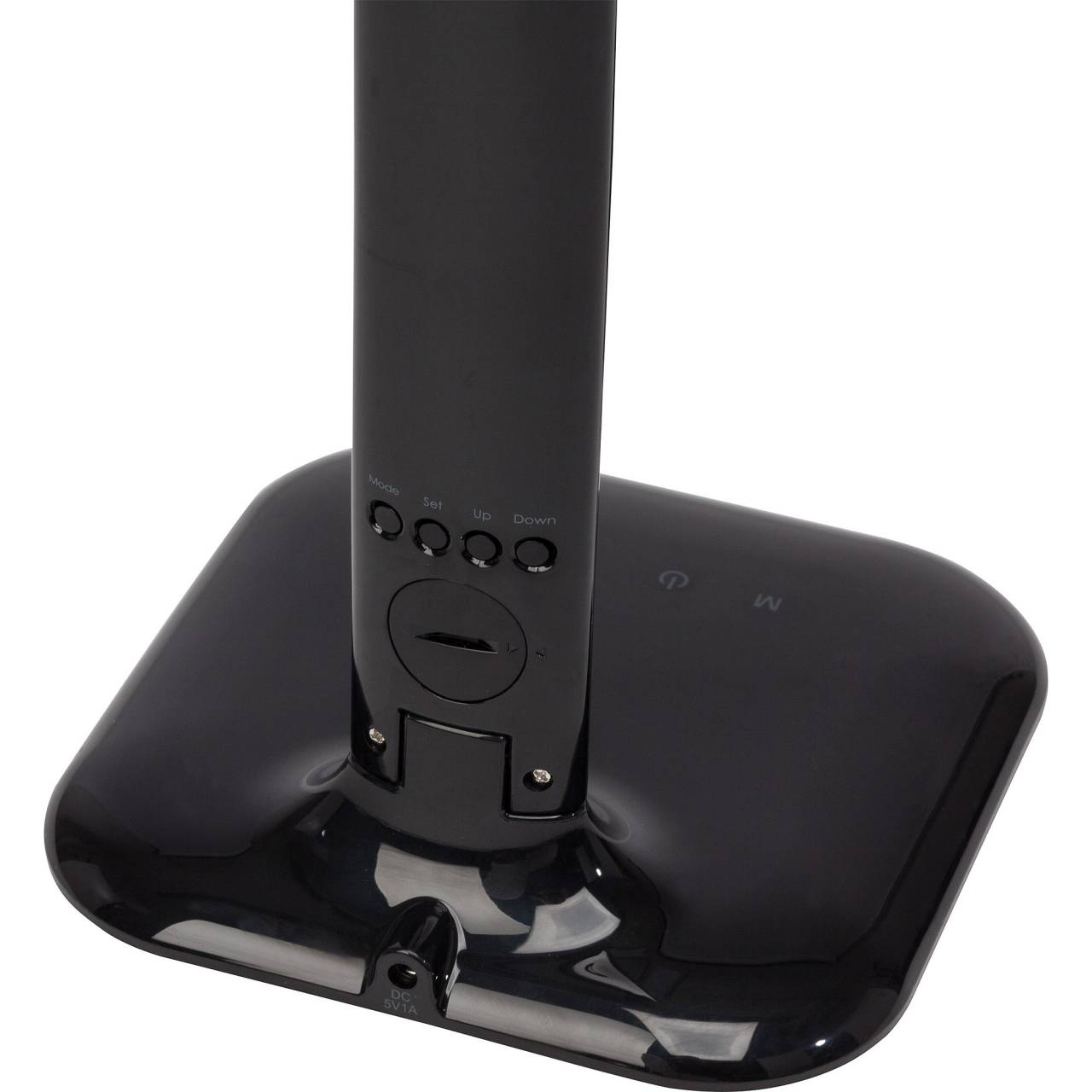 Base nera della lampada da scrivania con pulsanti.