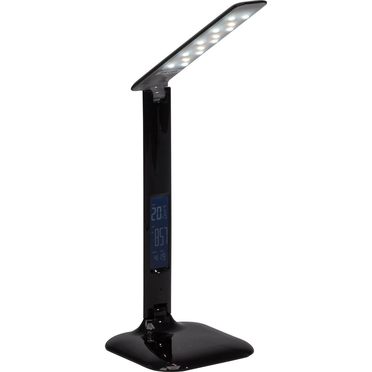 Lampada da scrivania nera con display digitale che mostra ora e temperatura.