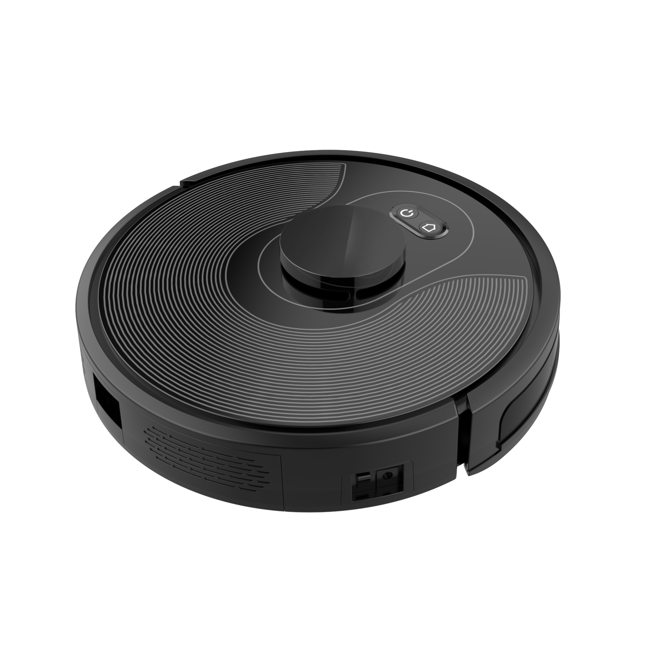 Schwarzer Roboter-Staubsauger mit rundem Design. Es hat Knöpfe und ein kreisförmiges Design oben.