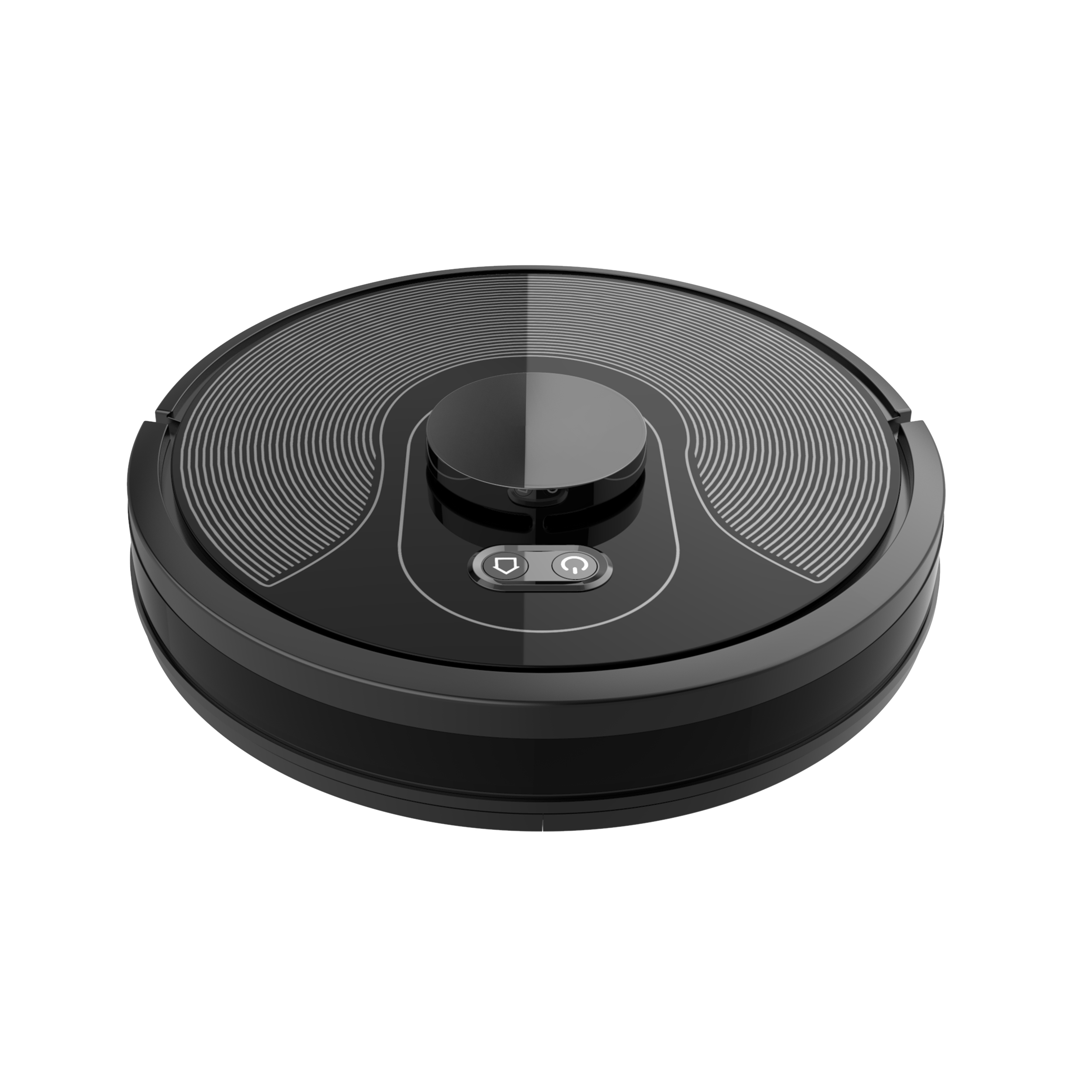 Schwarzer runder Roboter-Staubsauger. Die Oberseite hat ein kreisförmiges Design mit zwei Knöpfen.