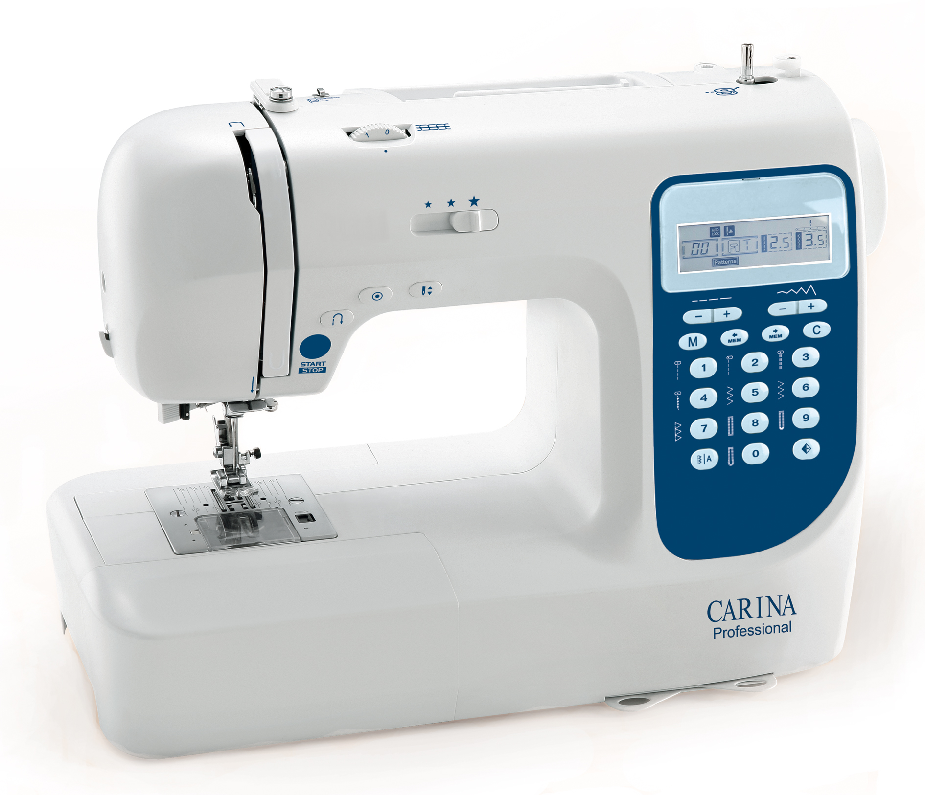 Máquina de coser blanca y azul, con pantalla y botones al frente, vista en ángulo.