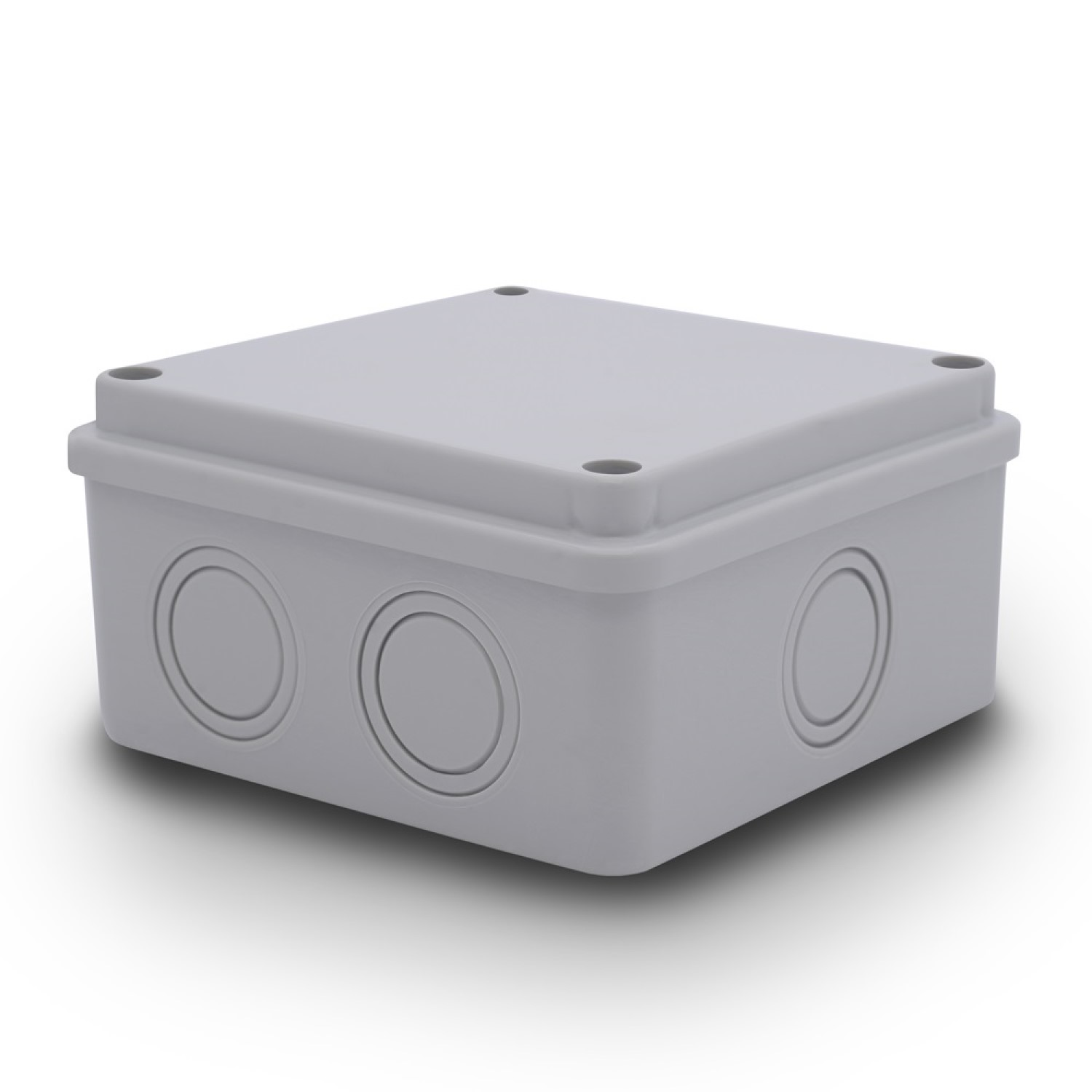 Eine graue elektrische Verteilerdose. Die Box ist quadratisch und hat vier Löcher an den Seiten.