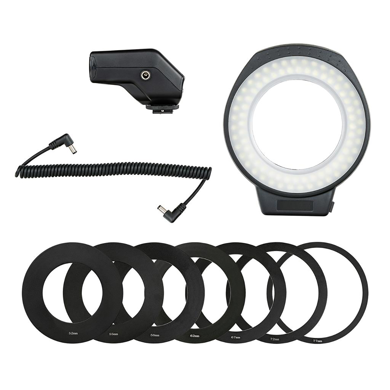 Ringlicht-Kit mit Zubehör, einschließlich Blitzkopf, Kabeln und Filtern.