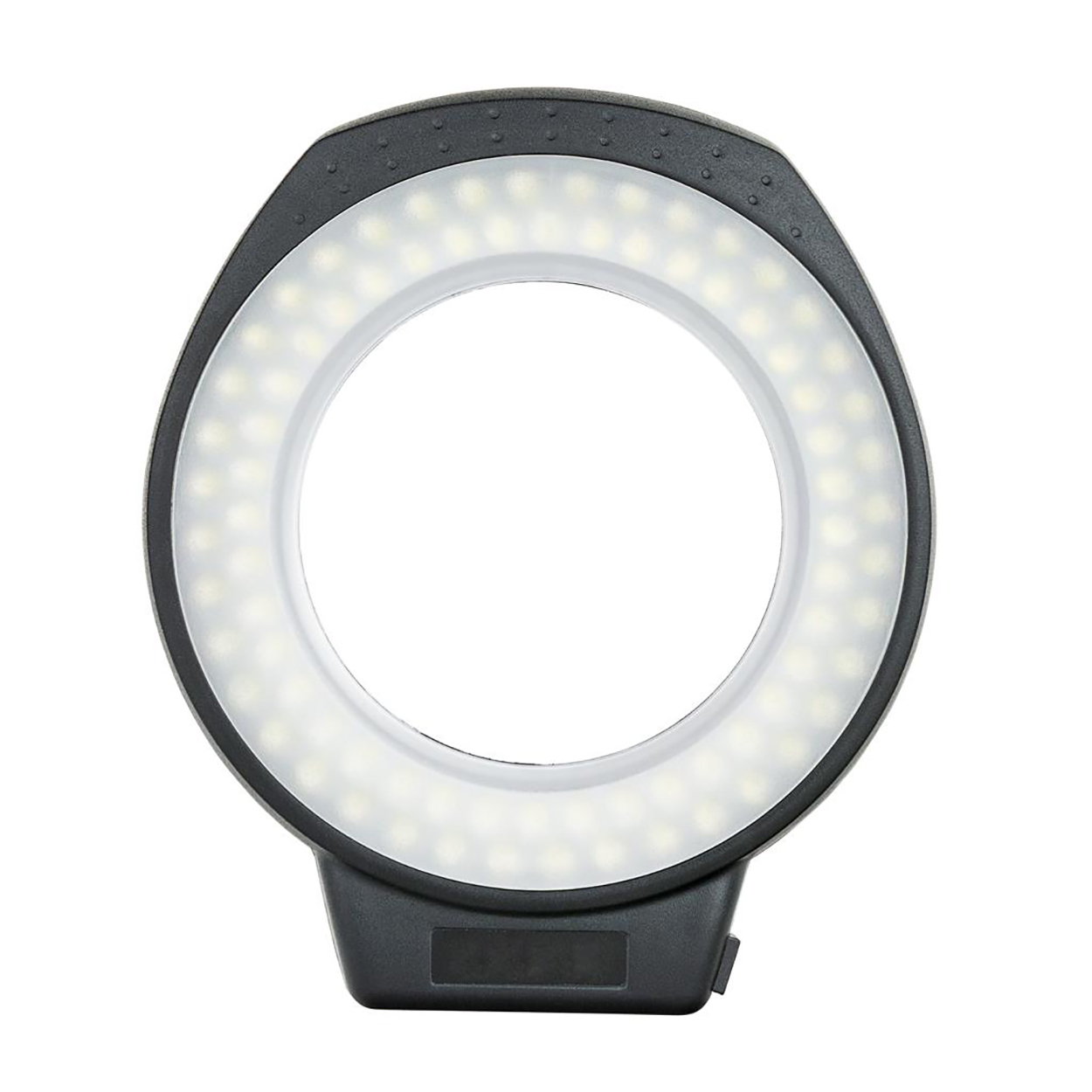 Ringlicht. Schwarzer Rahmen mit vielen kleinen weißen Lichtern. Dunkle Basis. Weißer Hintergrund.