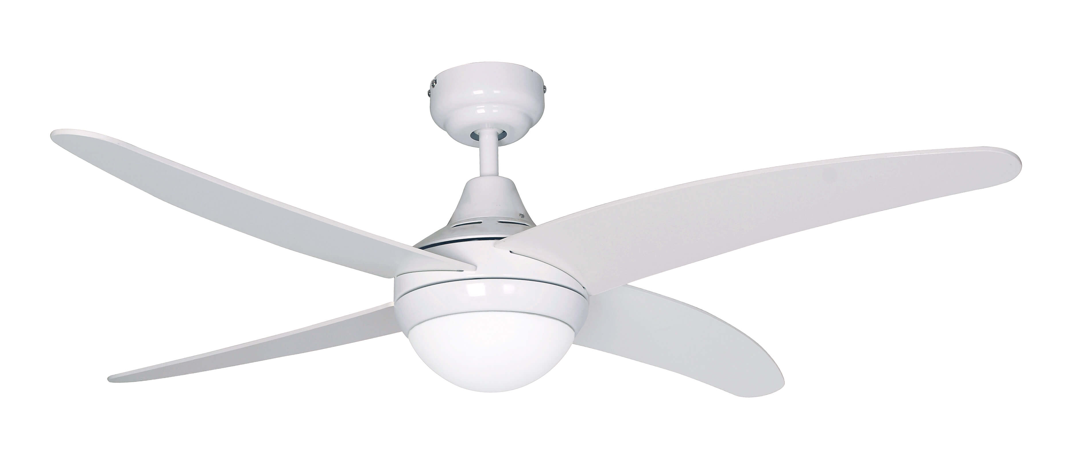 Un ventilador de techo blanco con cuatro aspas y una lámpara esférica en el centro.