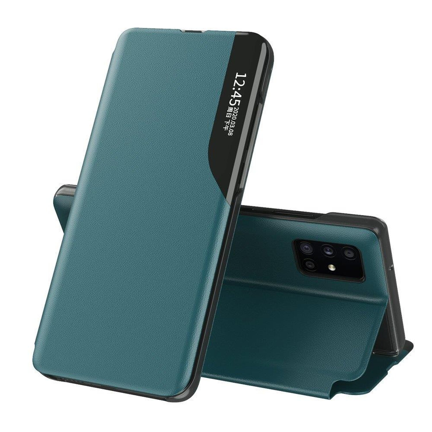 Custodia per telefono color verde acqua con finestra per la visualizzazione dell'ora, aperta e chiusa.
