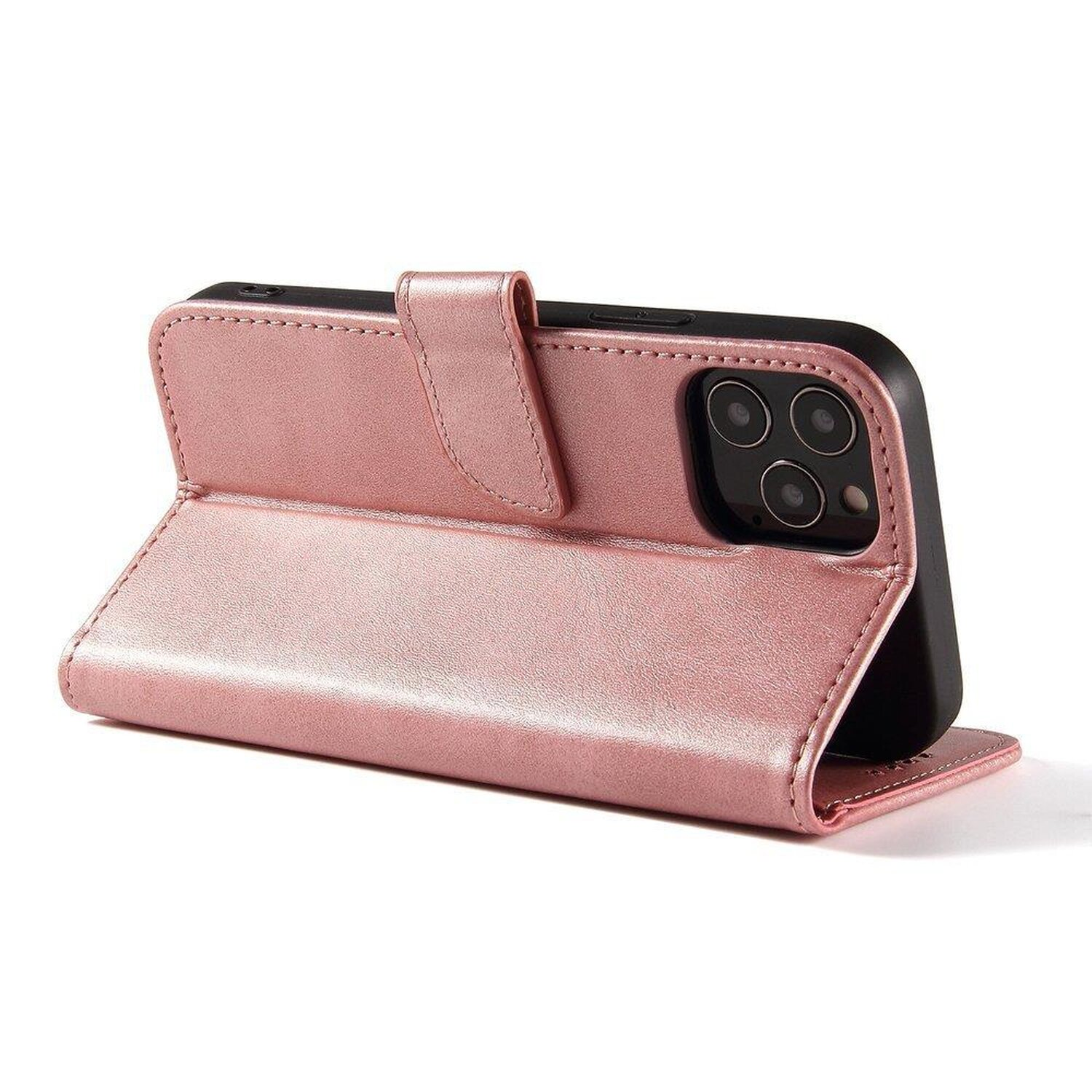 Eine pinkfarbene Handyhülle geöffnet, mit einem Telefon darin. Die Hülle hat einen Magnetverschluss.