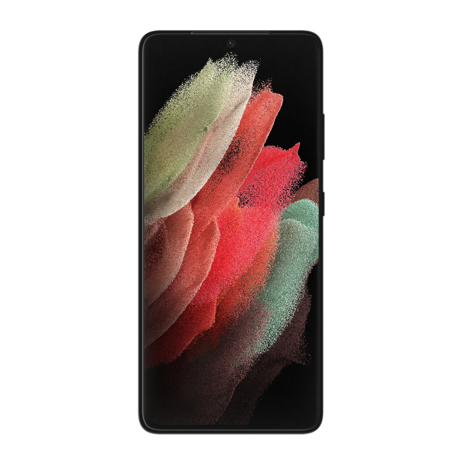 Schwarzes Smartphone mit buntem, abstraktem Hintergrund auf dem Bildschirm. Das Telefon ist eingeschaltet.
