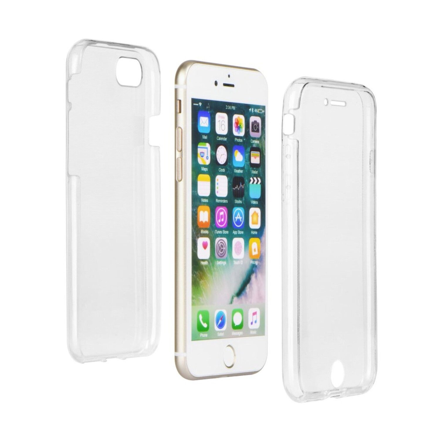 Drei iPhone-Hüllen, zwei durchsichtig und eine mit Telefon, das Symbole auf dem Bildschirm zeigt.