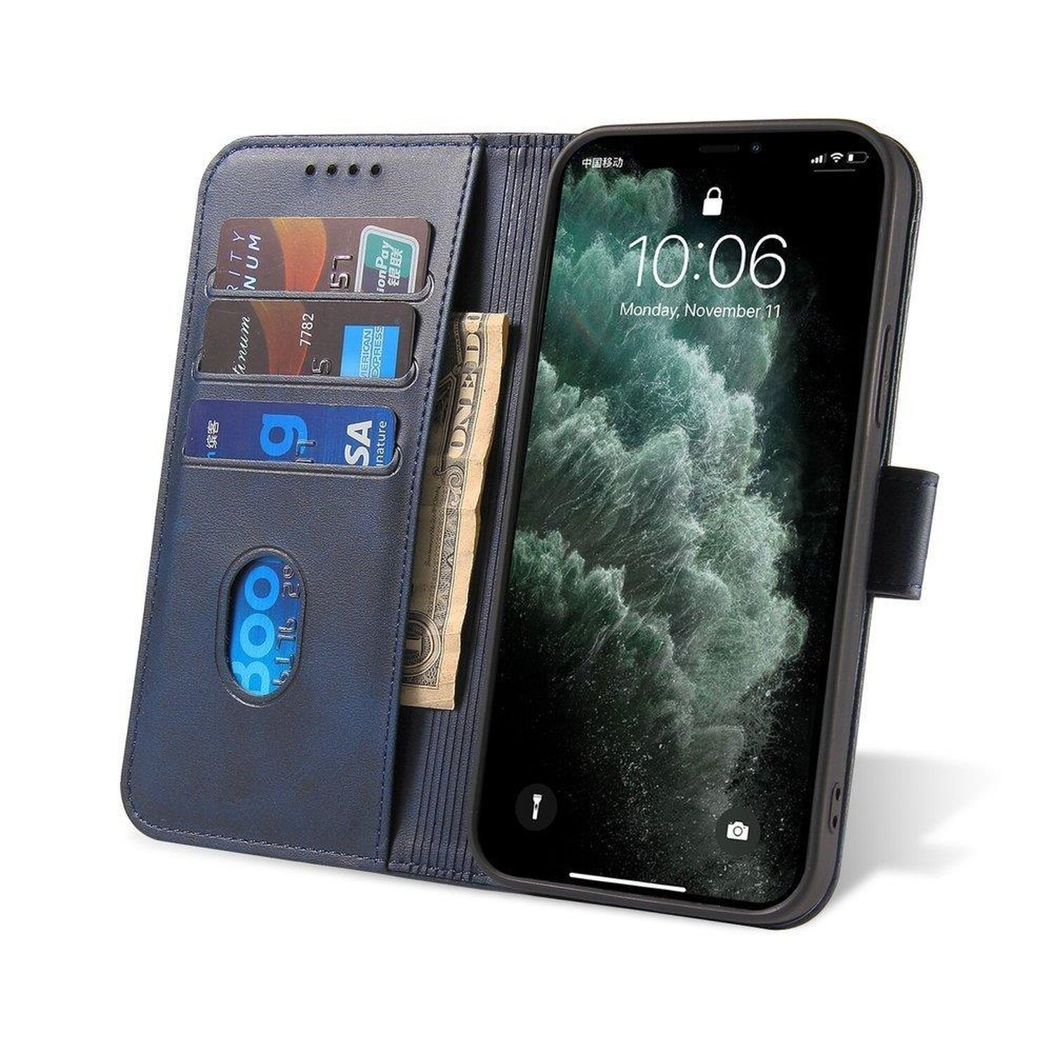 Blaues Brieftaschen-Handycase mit Karten und Geld im Inneren und einem Telefon.