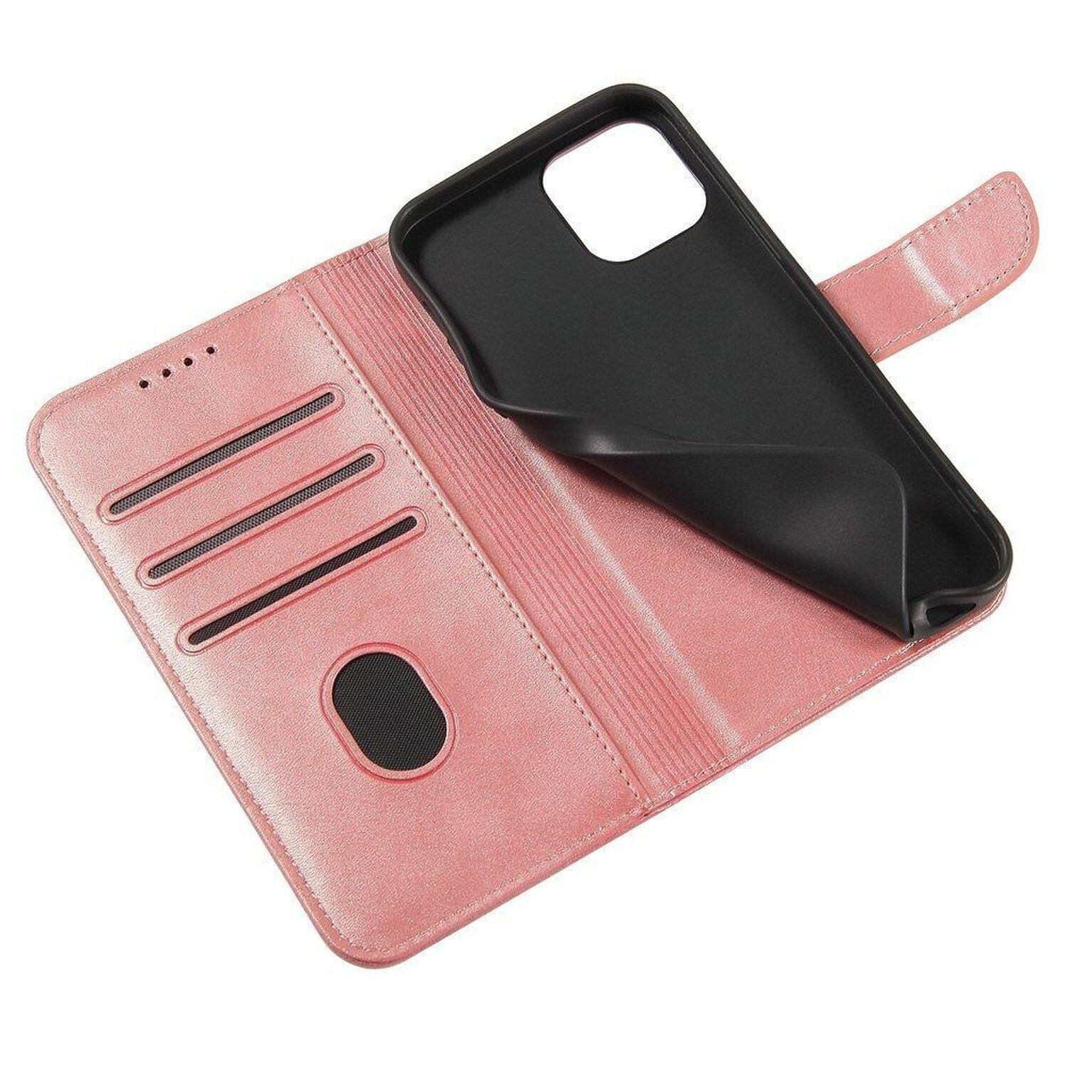 Eine rosa Brieftaschen-Handyhülle mit Kartenfächern und einem schwarzen Telefonhalter.