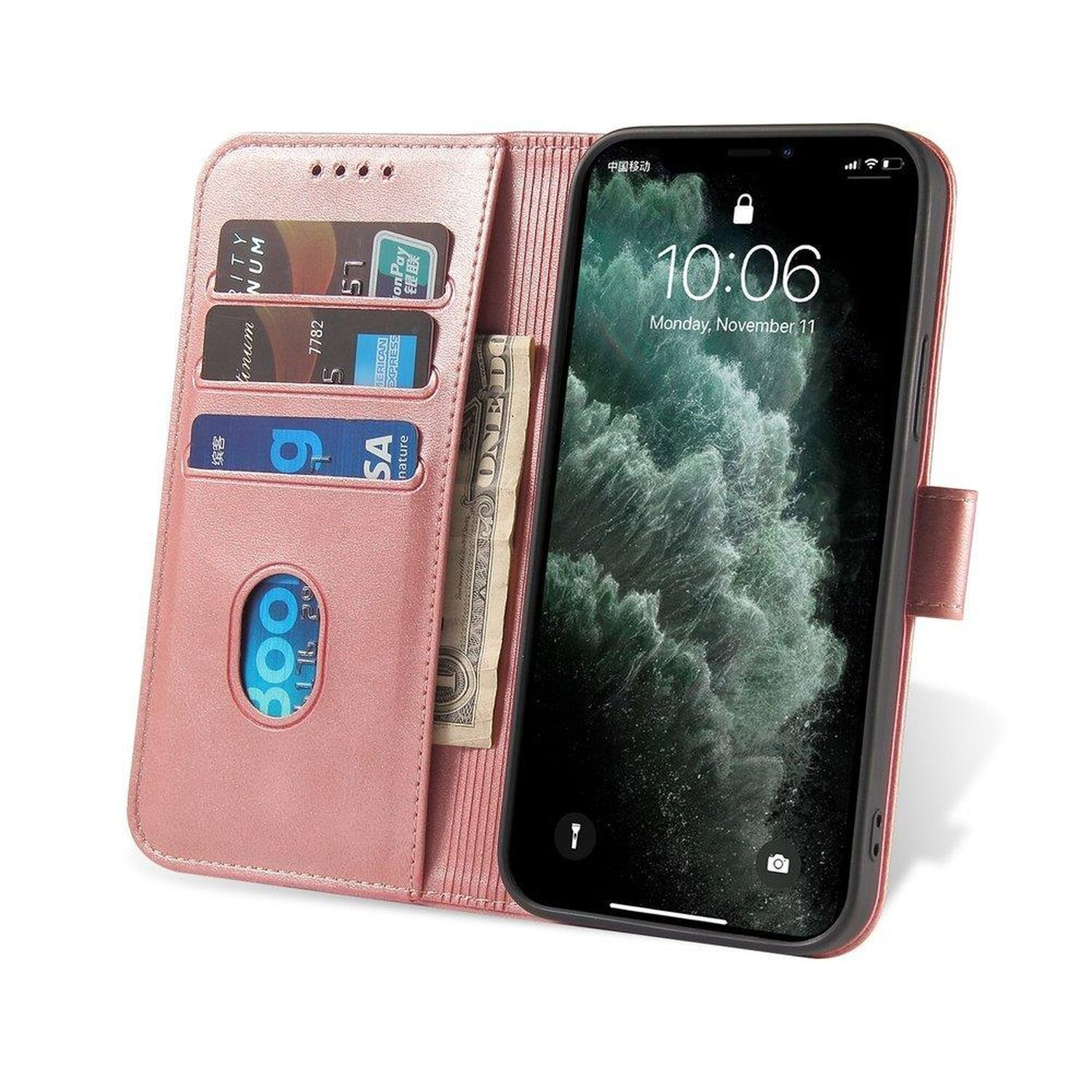 Rosa Handyhülle mit einem Telefon. Enthält Karten, Geld und eine Zeitanzeige auf dem Bildschirm.