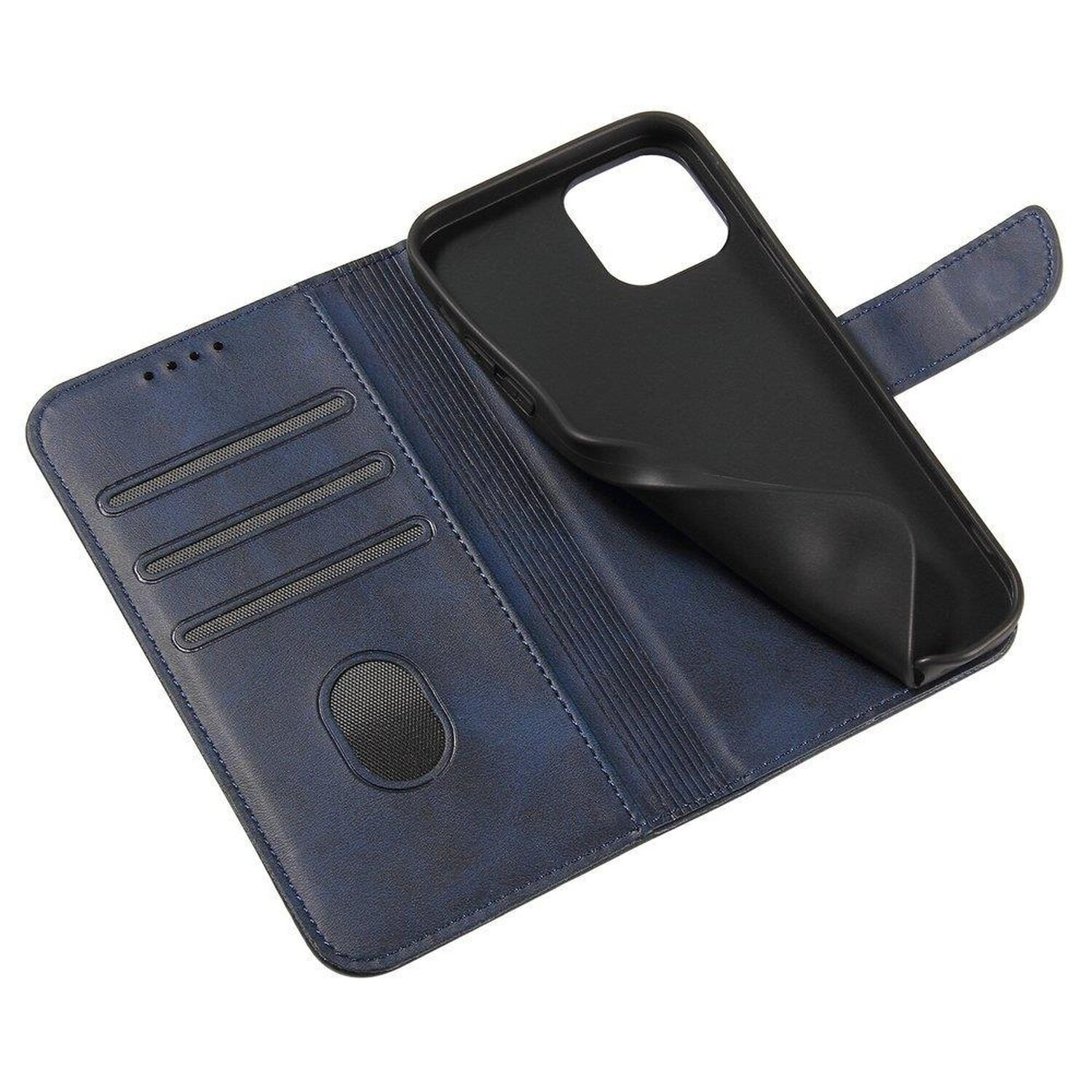 Offene blaue Handyhülle mit Kartenfächern, schwarzes Innere.