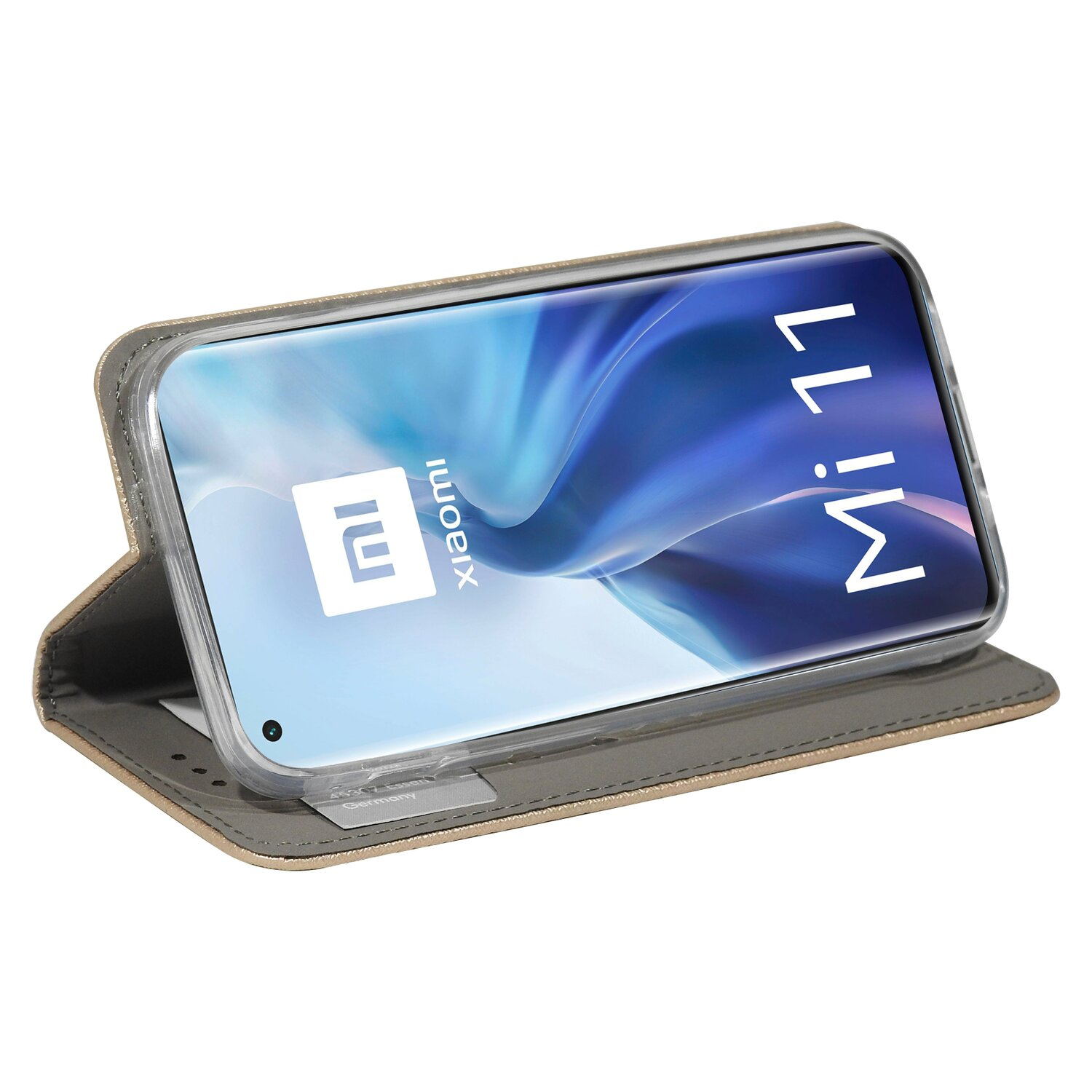 Ein Telefon in einer Hülle mit Xiaomi-Logo. Der Bildschirm des Telefons ist eingeschaltet.