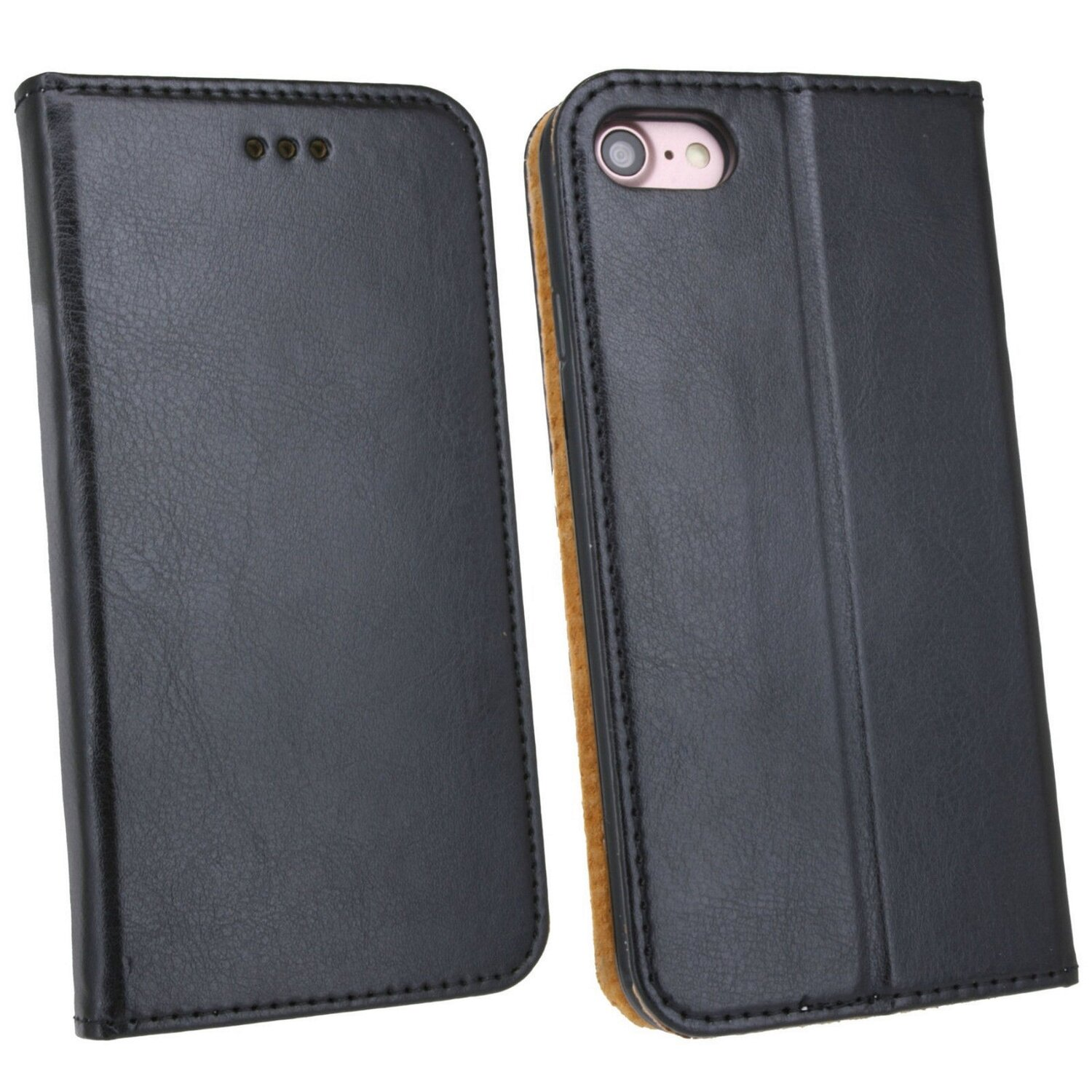 Schwarze Leder-Handyhülle, geöffnet, das Telefon zeigend. Das Telefon ist aus, schwarz.