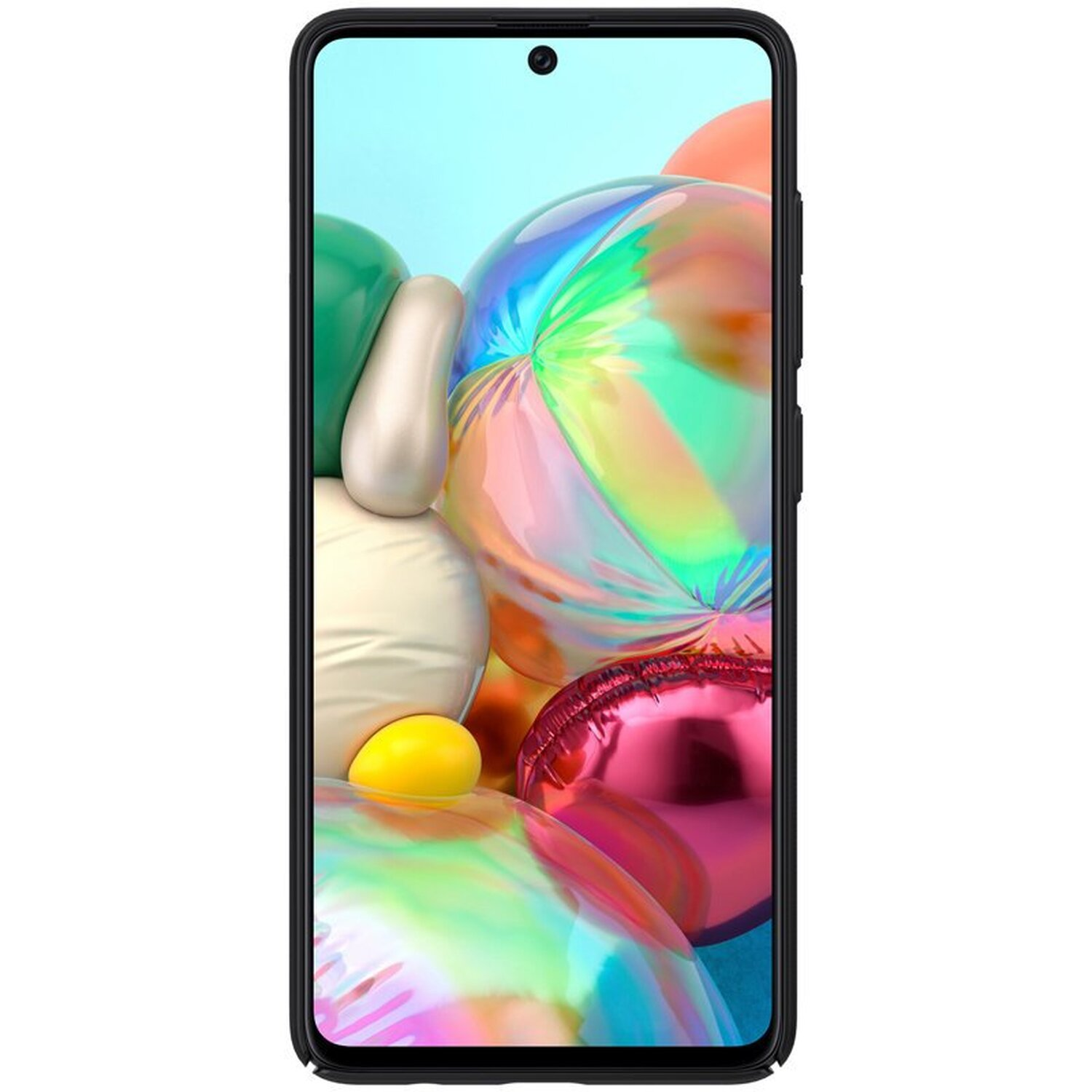 Smartphone mit bunten Ballons. Schwarzes Gehäuse mit Frontkamera.