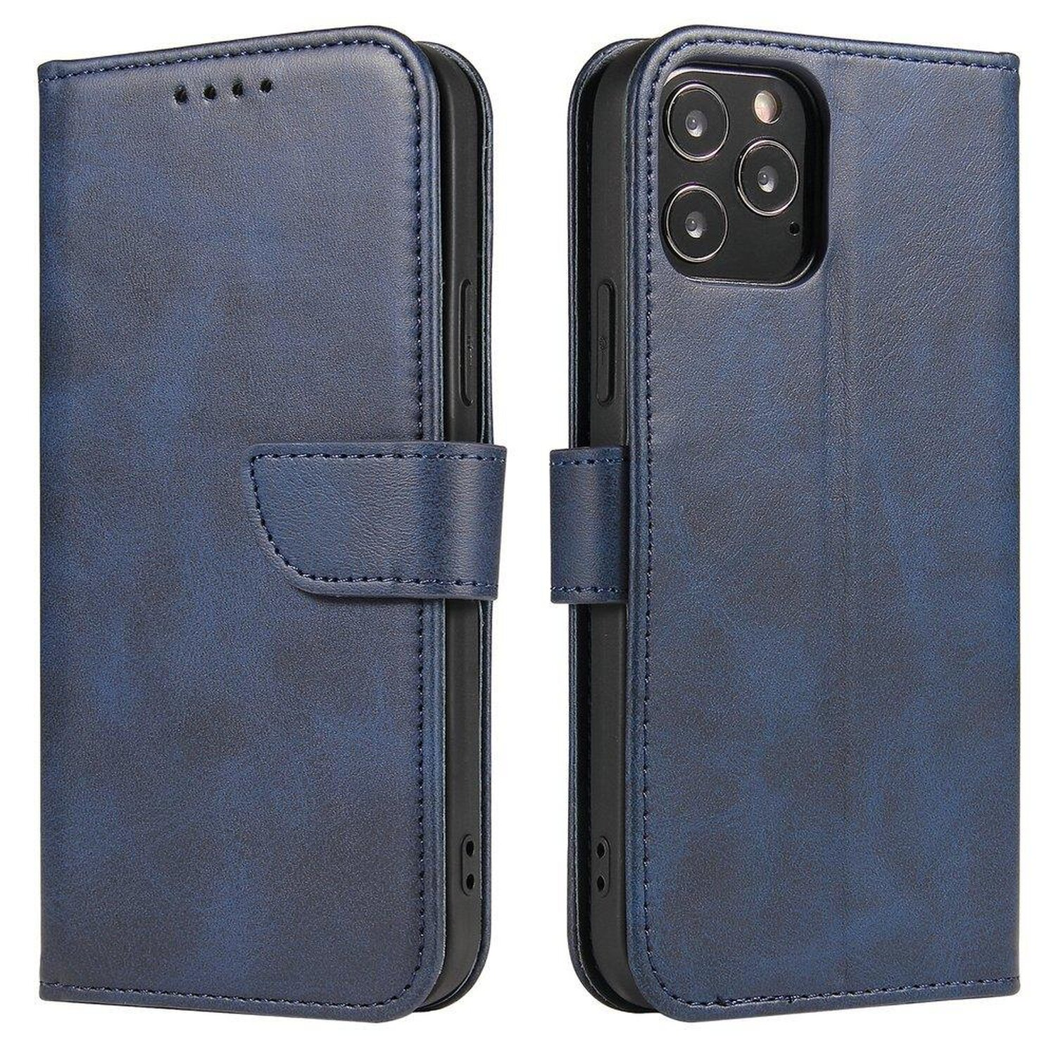 Dunkelblaue Handyhülle, lederartig. Das Telefon hat mehrere Kameras. Weißer Hintergrund.