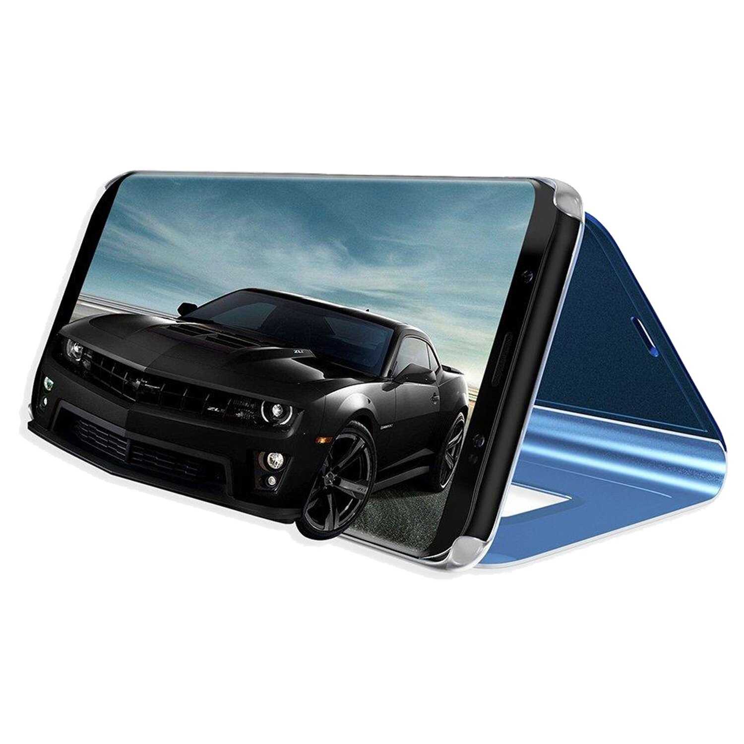 Handyhülle mit schwarzem Auto-Design. Die Handyhülle ist geöffnet, das Auto ist im Display.