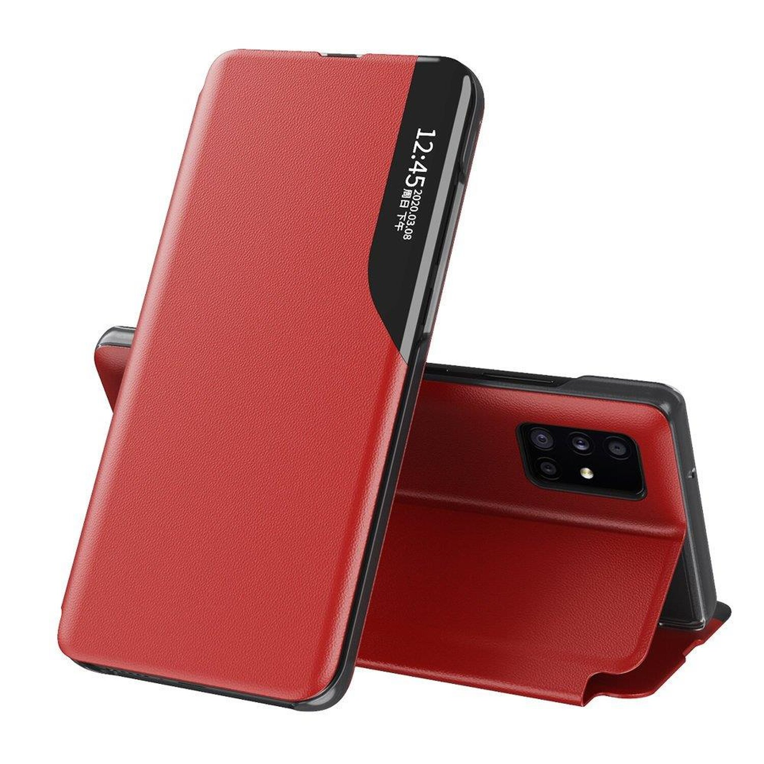 Custodia per telefono rossa con bordo nero. È aperta, rivelando un telefono all'interno e l'ora.