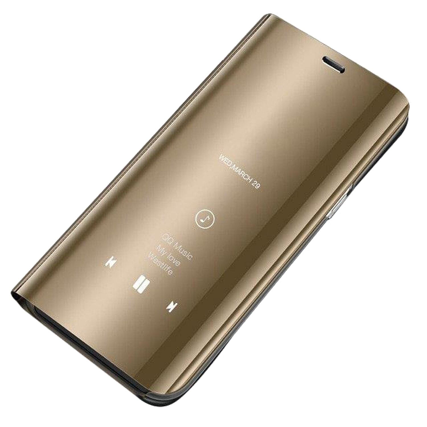Eine goldene Handyhülle mit einem kleinen Bildschirm mit Musiksteuerung. Weißer Hintergrund.