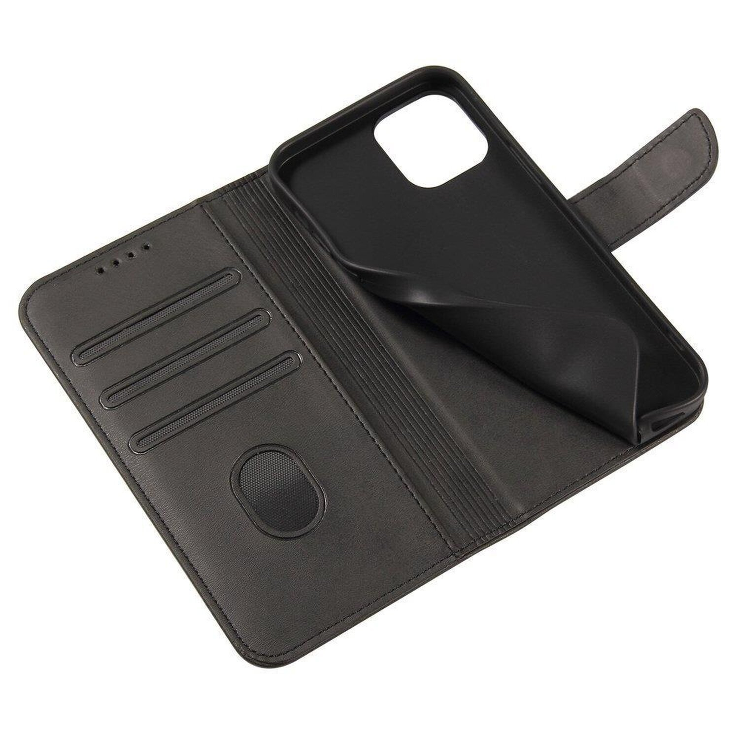 Schwarze Leder-Handyhülle, offen, mit Kartenfächern und einem Telefonhalter.