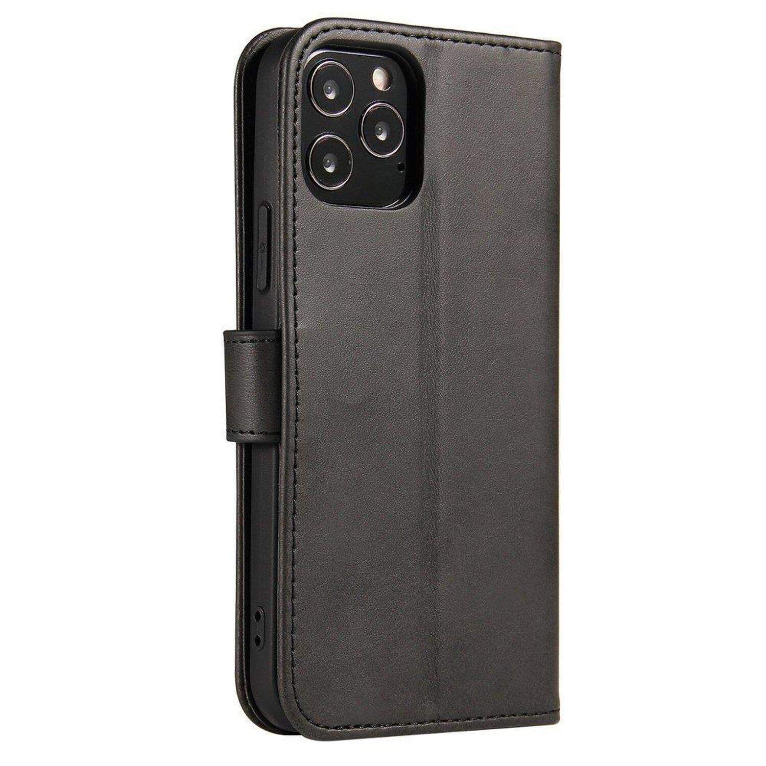 Schwarze Leder-Handyhülle, geschlossen, für ein Smartphone. Es hat einen Verschluss.