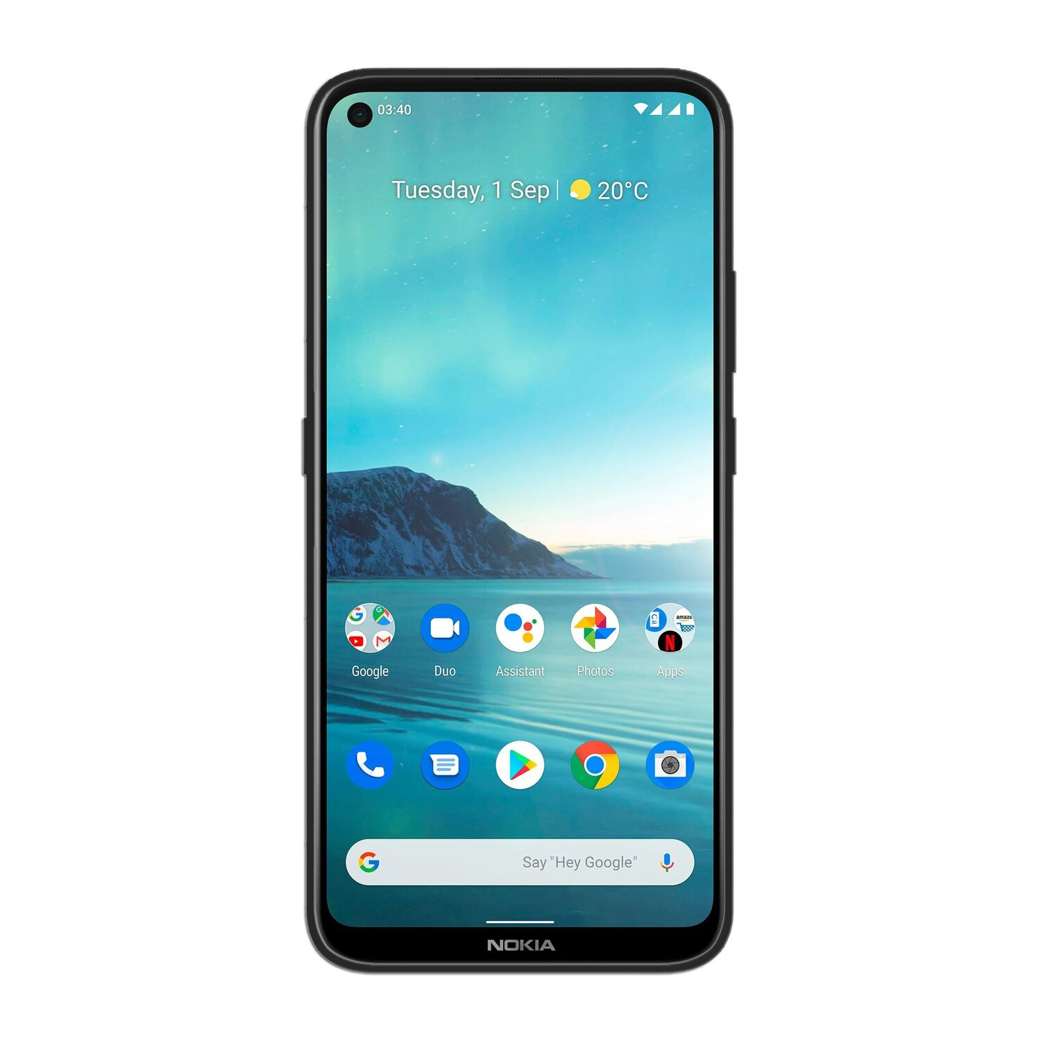 Ein schwarzes Nokia-Smartphone zeigt den Startbildschirm mit verschiedenen App-Symbolen und der Uhrzeit.