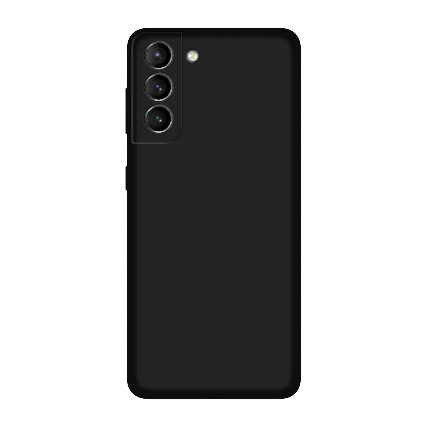 Schwarzes Telefon, Dreifachkamera, auf weißem Hintergrund. Rückseite ist schwarz.