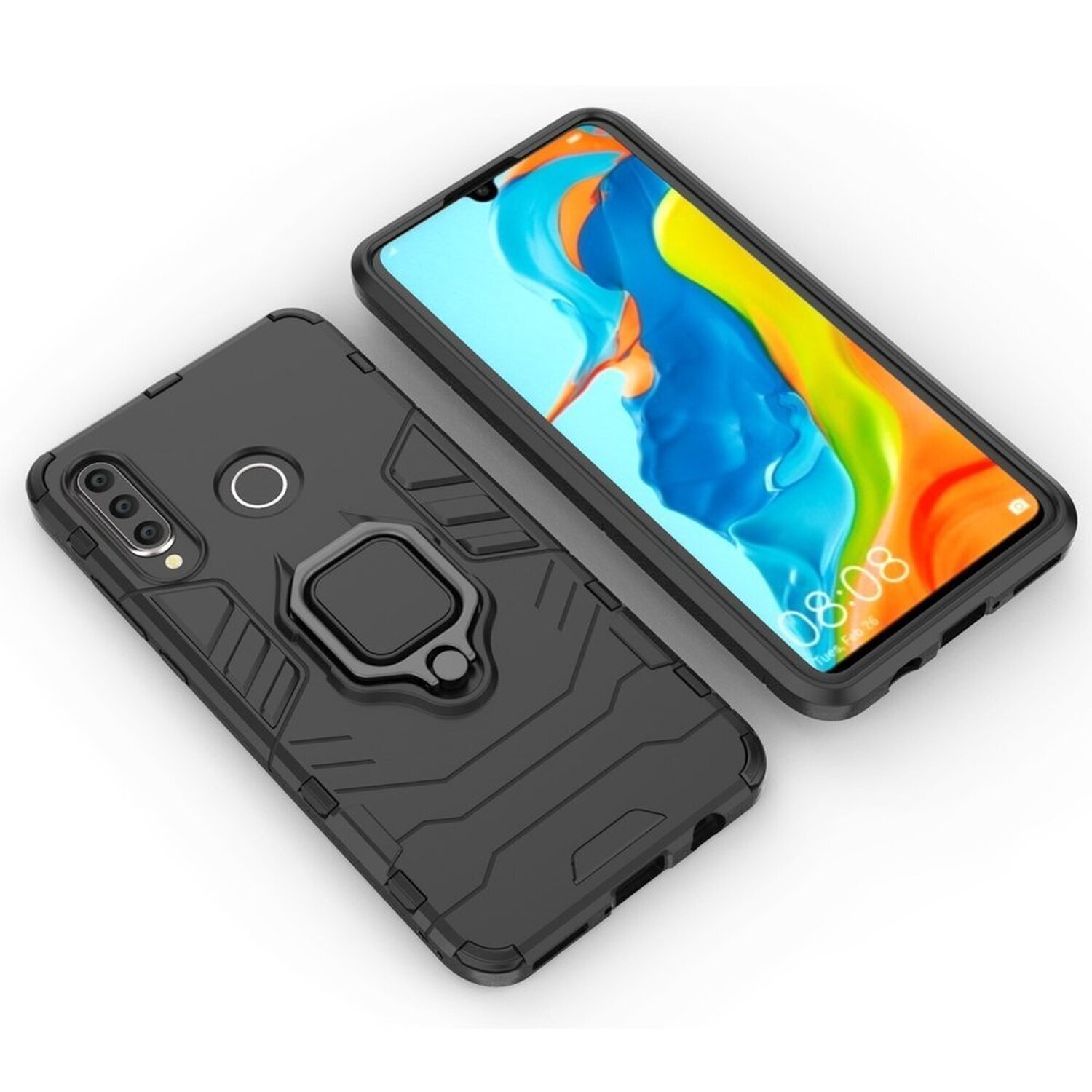 Schwarze Handyhülle mit Ringhalter und Telefon auf weißer Oberfläche.