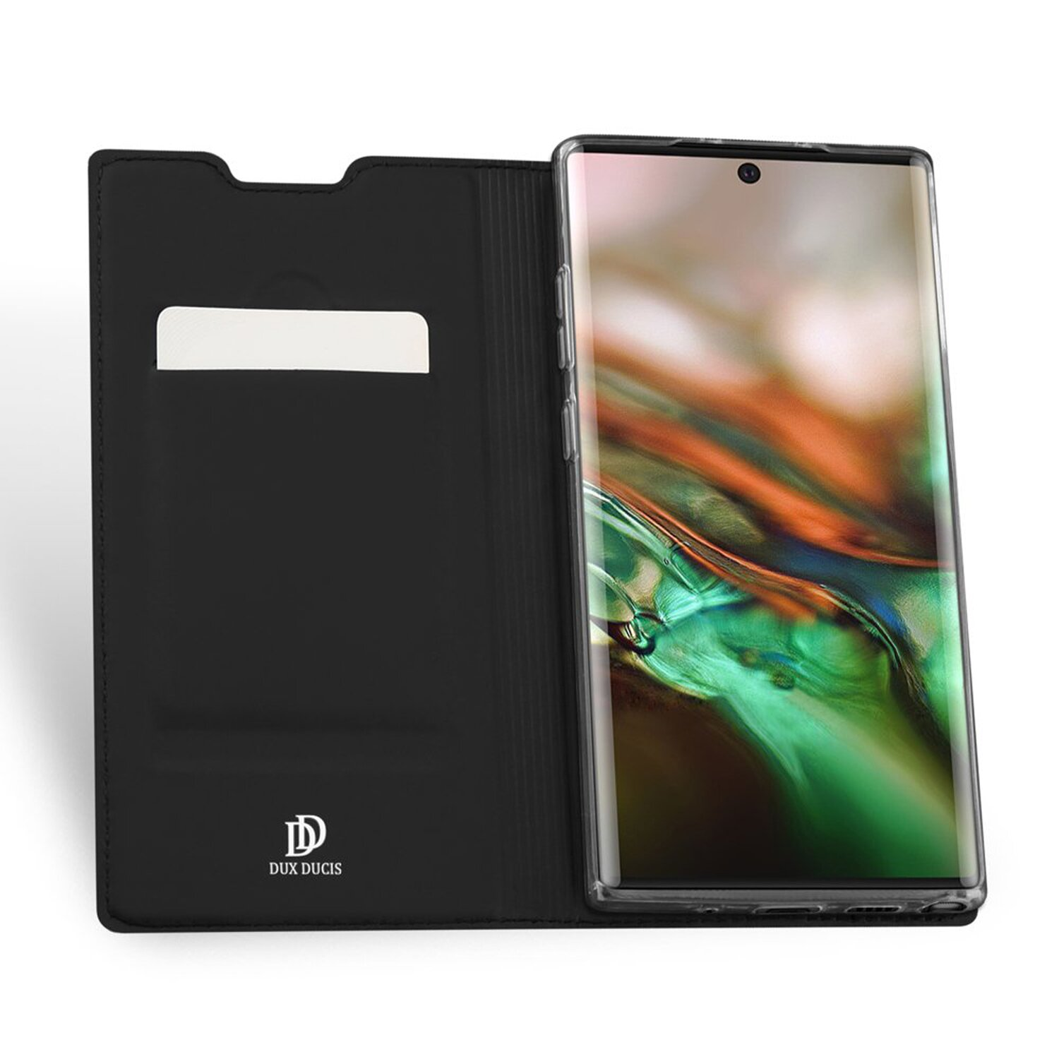 Schwarzes Telefon in schwarzer Hülle. Die Hülle ist geöffnet. Eine weiße Karte befindet sich in einer Tasche.